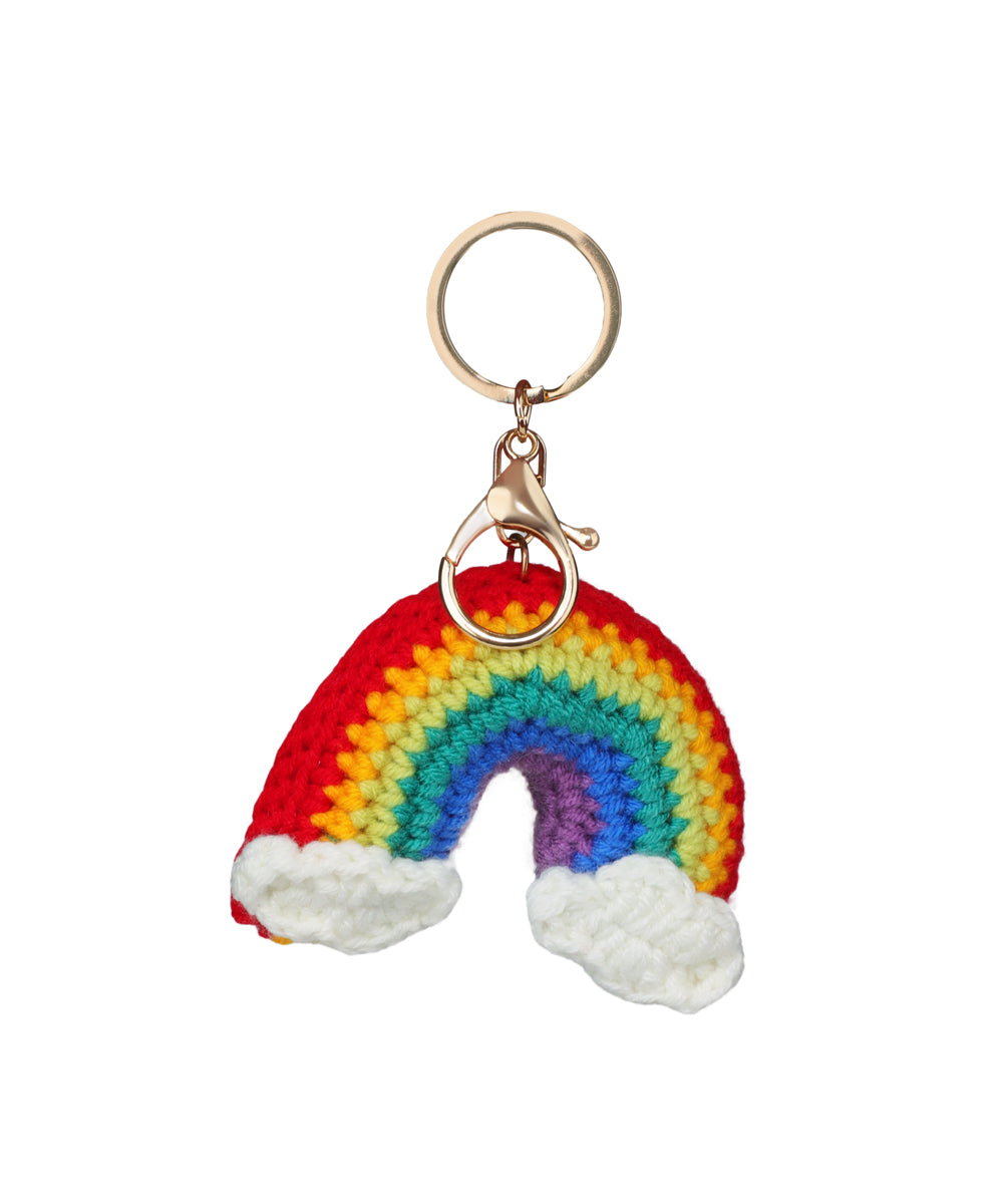 Gold-tone keychains with colorful crochet rainbow and clouds design