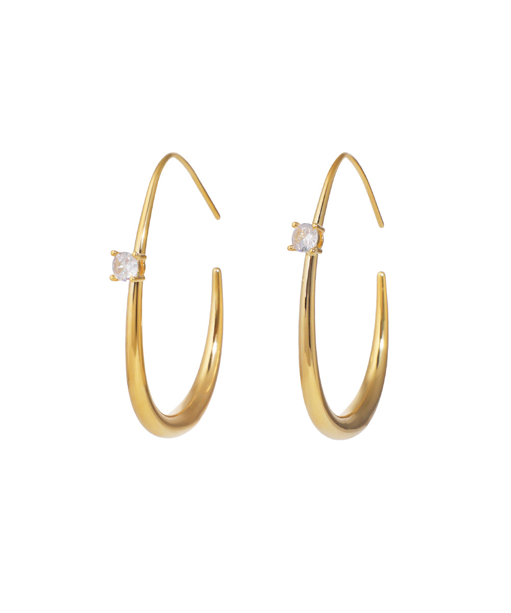 Gold-tone hoop earrings with a single clear stone on each, U-shaped, polished finish