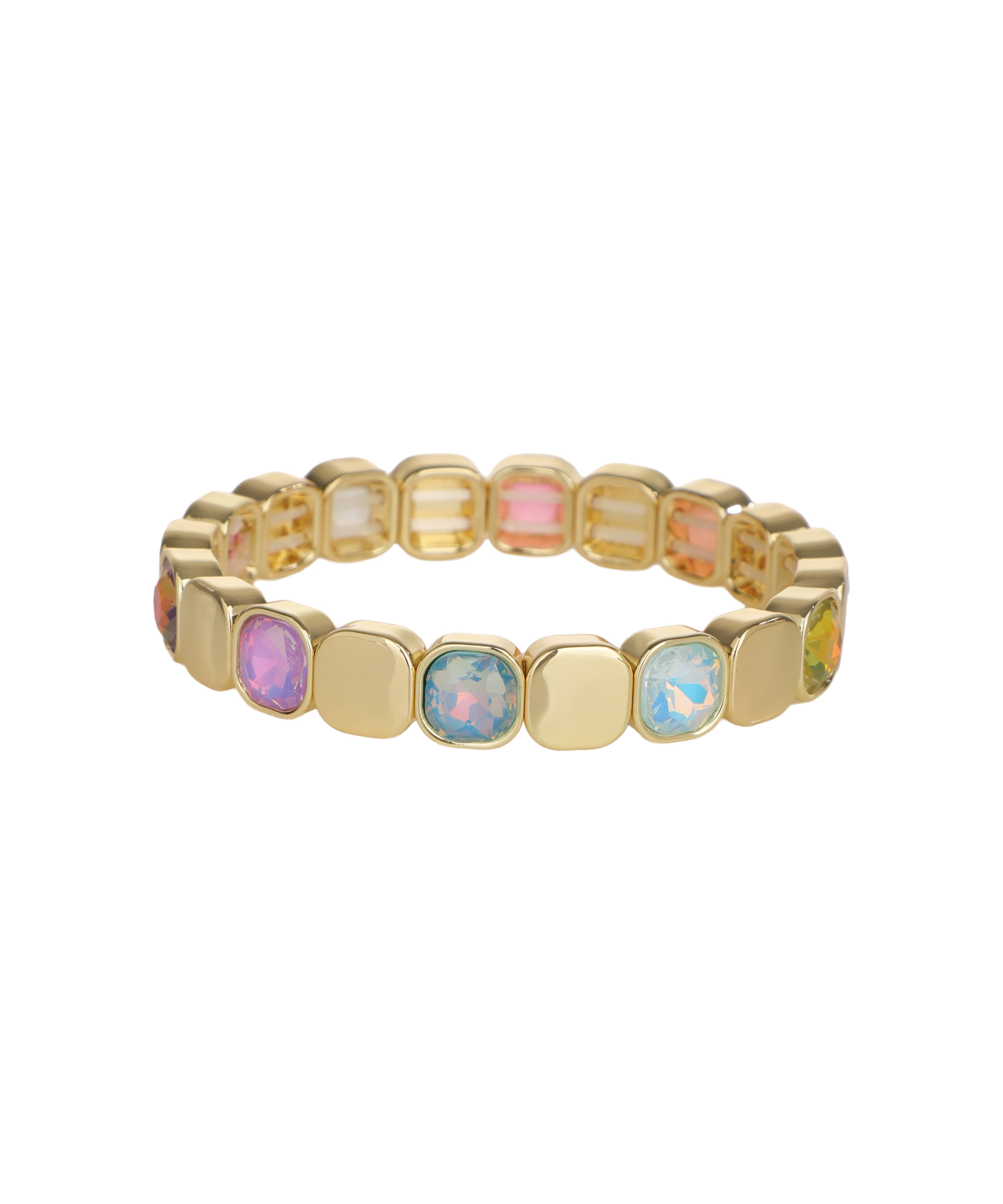 Gold-tone bracelet with rainbow square glass crystals