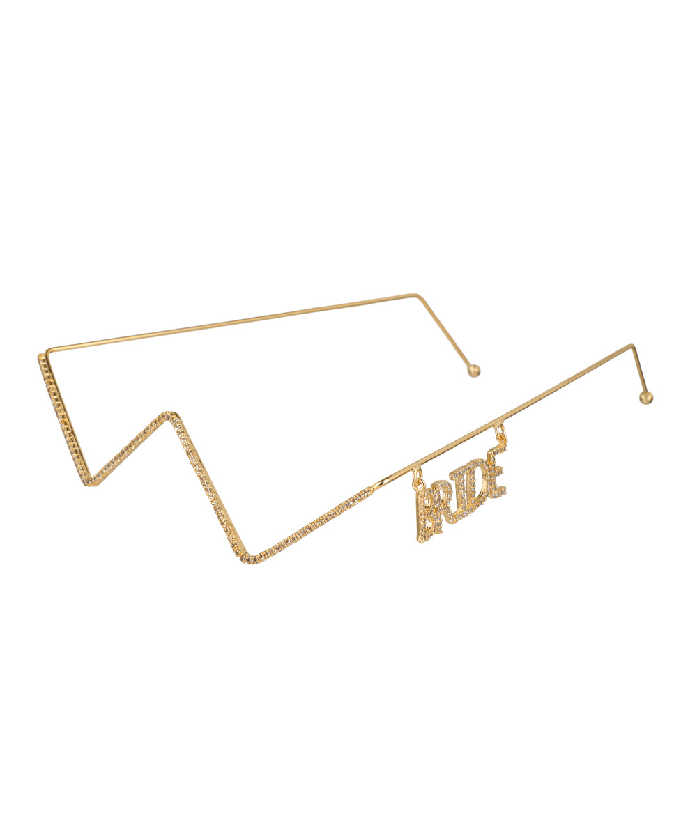 Gold-tone facelet with zig-zag frame and "BRIDE" charm, embellished with clear stones