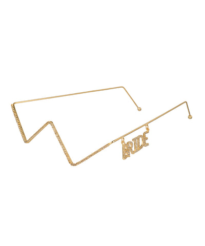 Gold-tone facelet with zig-zag frame and "BRIDE" charm, embellished with clear stones