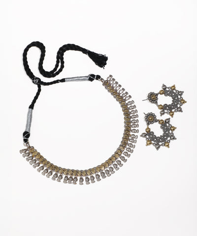 Oxidised silver-tone and antique gold-tone necklace set with dome-shaped drops and matching earrings