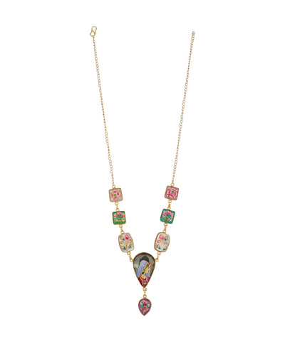 A gold-tone chain necklace featuring a series of colorful, patterned enamel-like square and teardrop charms, with a larger central teardrop pendant, shown against a plain white background.
