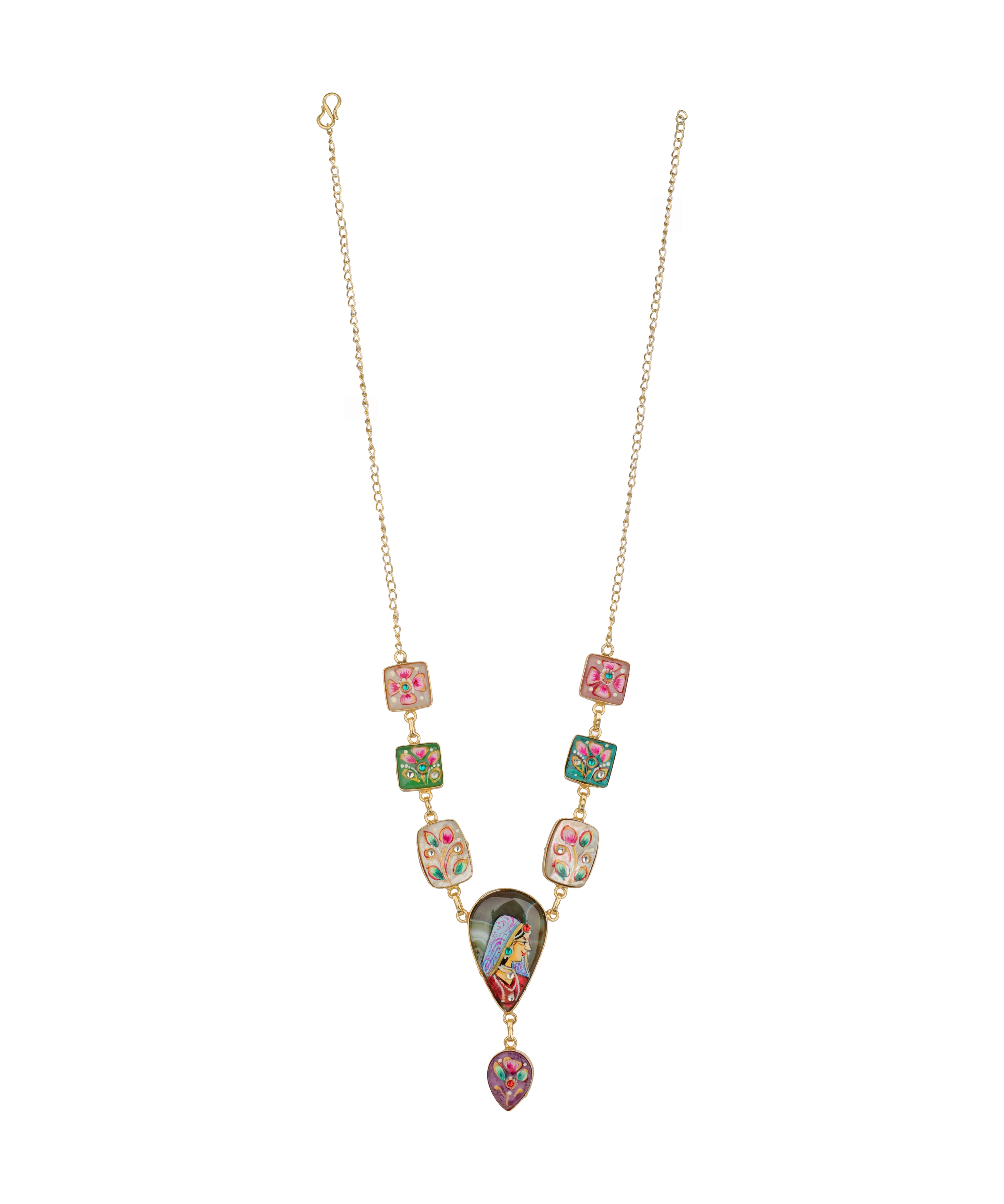 A gold-tone chain necklace featuring a series of colorful, patterned enamel-like square and teardrop charms, with a larger central teardrop pendant, shown against a plain white background.