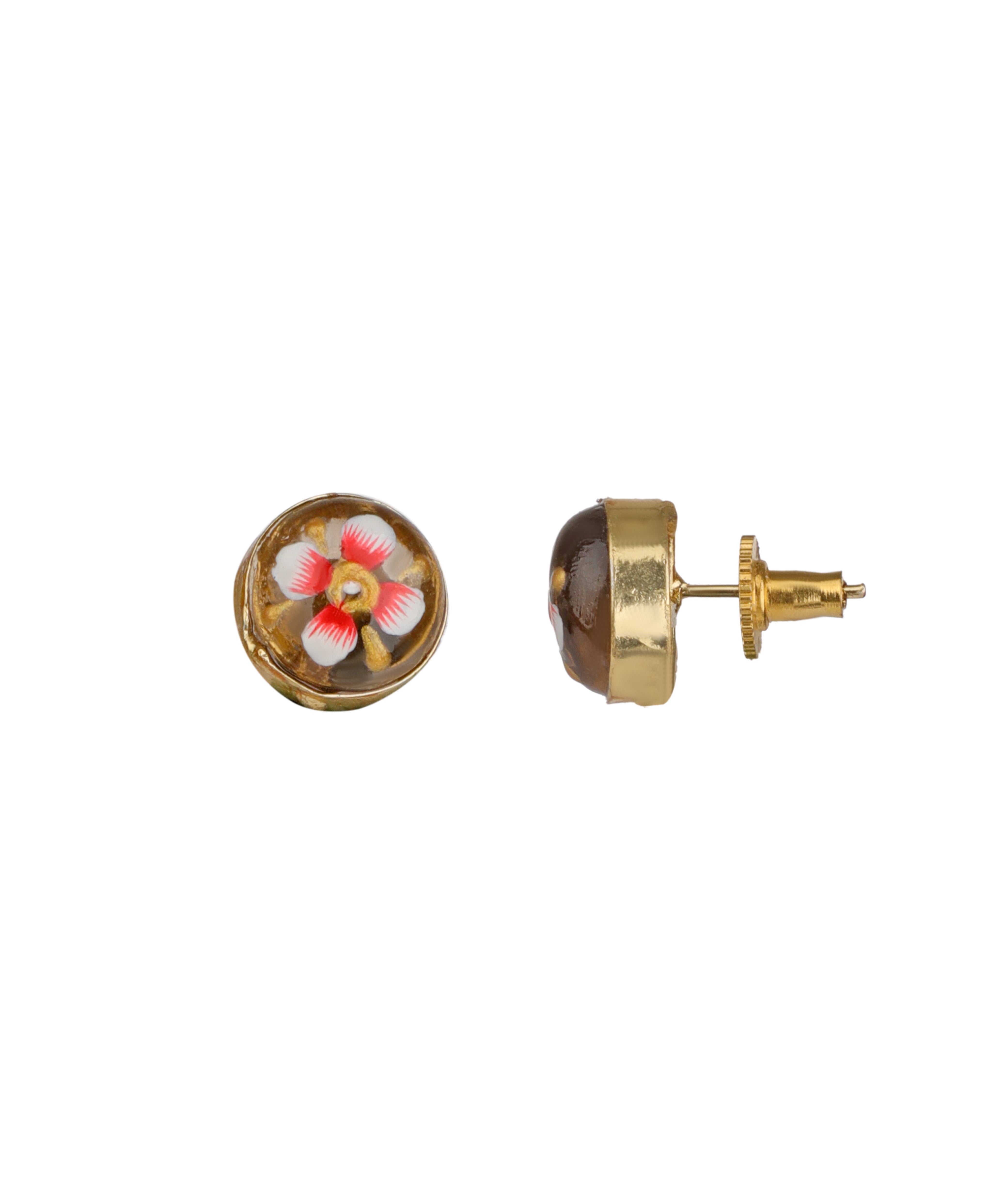 A pair of gold stud earrings on a white background, one showing a circular face with a colorful floral enamel design in pink, white, and yellow, and the other showing the side profile with a brown dome and gold post.