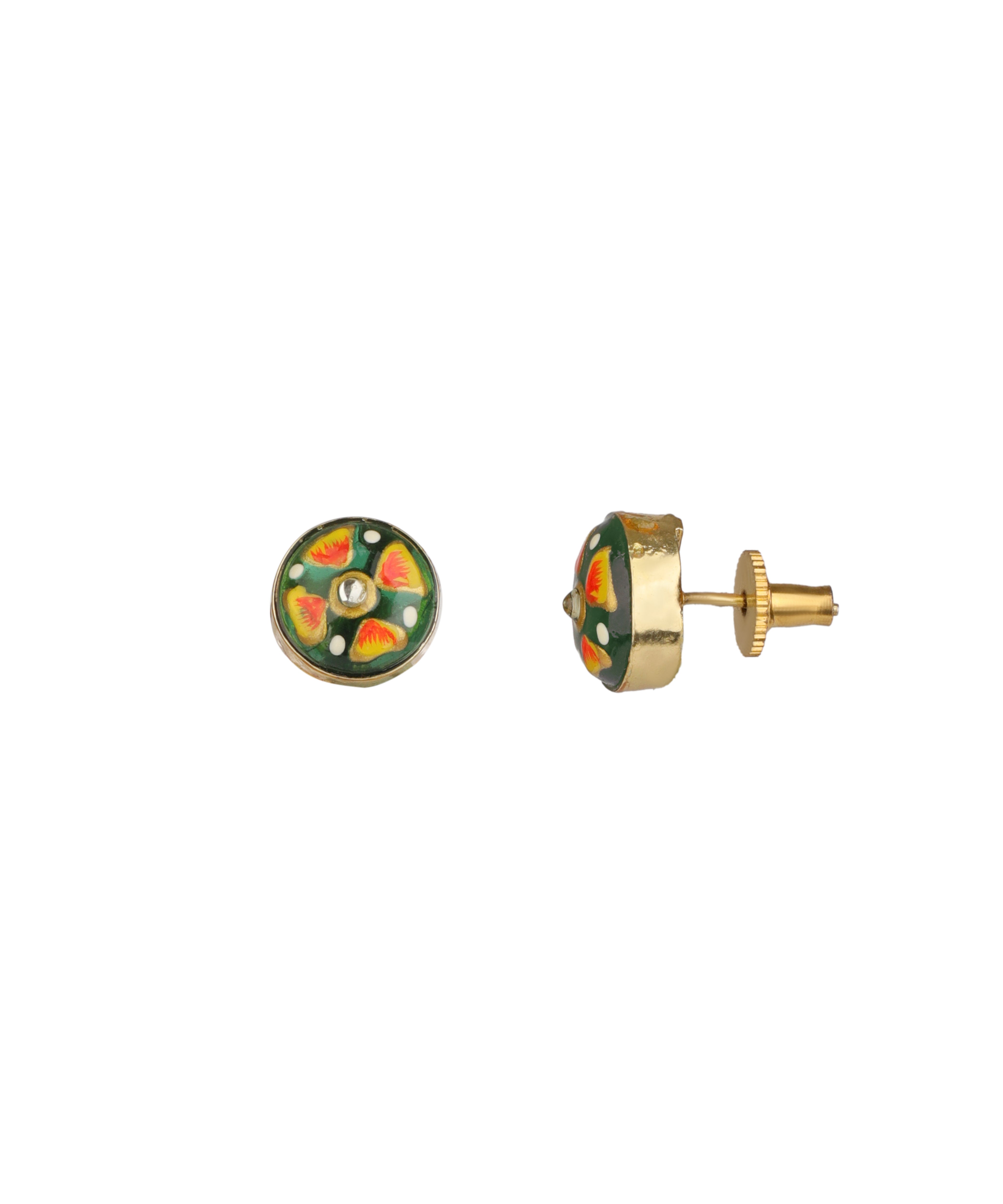 A pair of gold-tone stud earrings with circular green enamel faces decorated with small orange, yellow, and white floral details, shown on a plain white background.