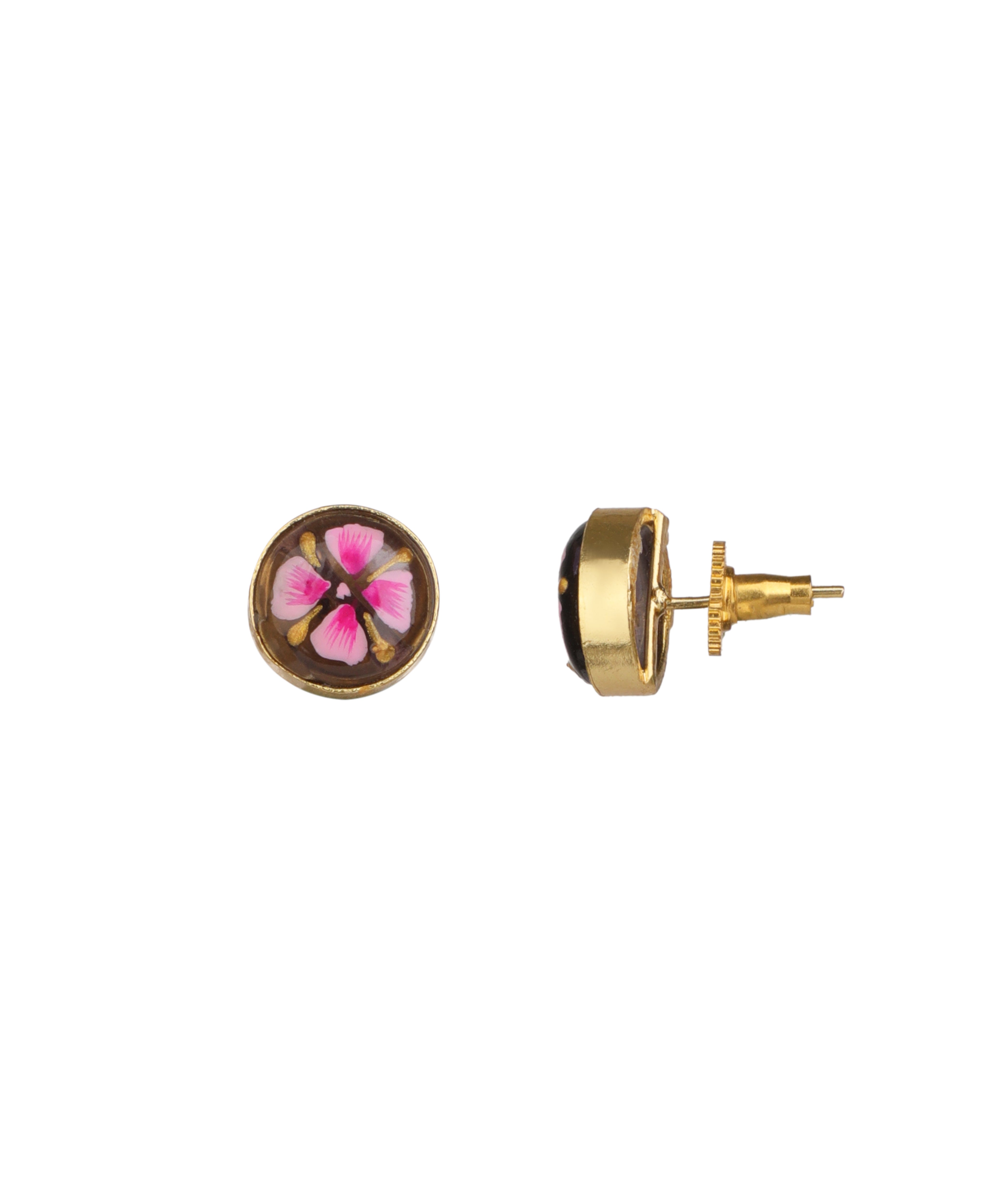 A pair of gold stud earrings shown on a plain white background, with one earring facing forward to reveal a circular floral design in pink, white, and yellow on a dark brown background, and the other shown from the side to display the gold post and backing.