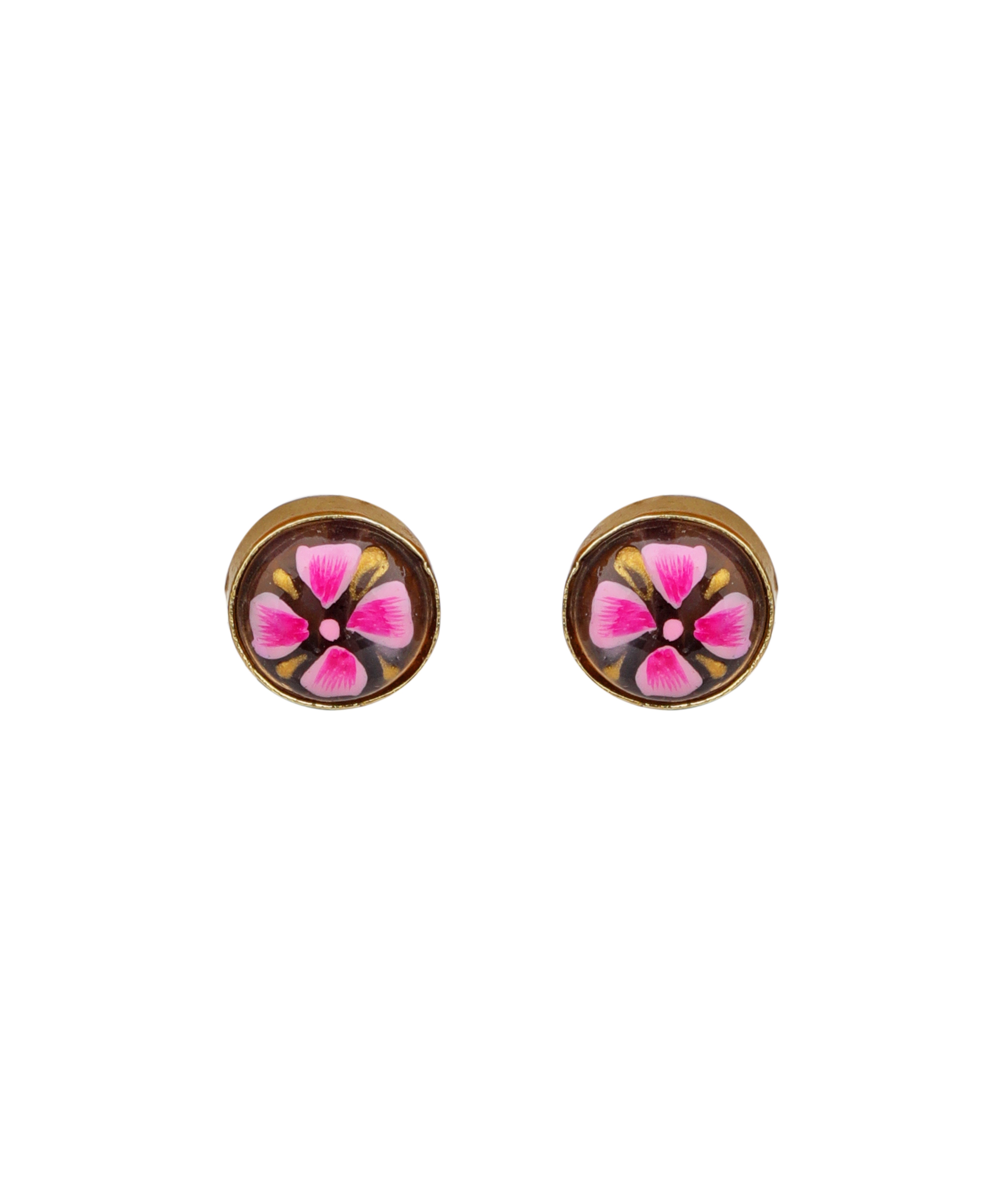 A pair of round gold-tone stud earrings featuring a pink and black floral design under a clear dome, shown on a plain white background.