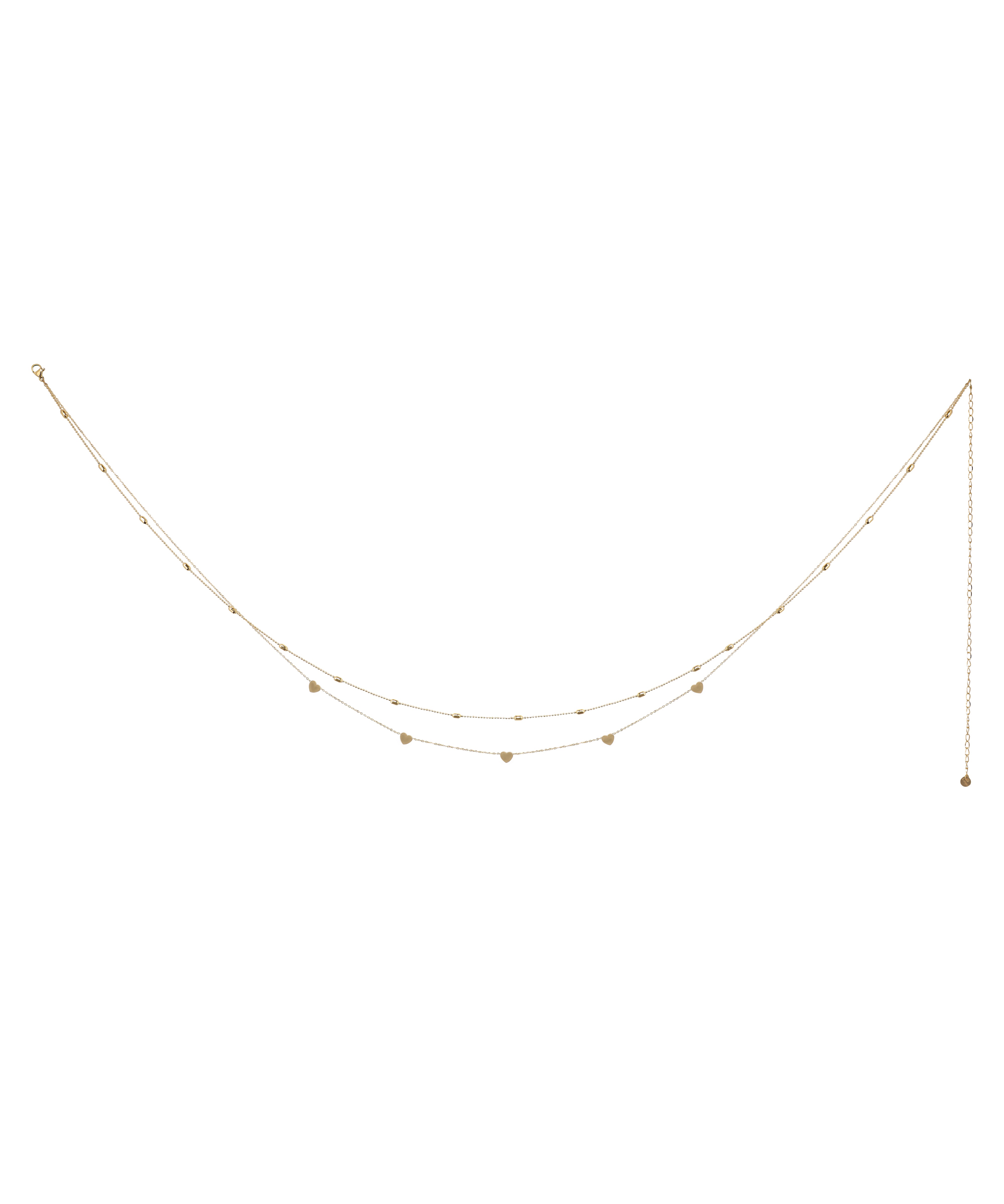 Gold-tone layered waist chain with small heart charms and round beads