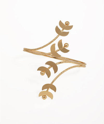 Gold-tone arm cuff with textured vine design and sculpted crescent leaves