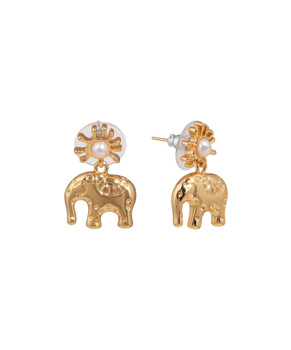 Gold-tone earrings with sunburst stud and dangling textured elephant charm with faux pearl detail