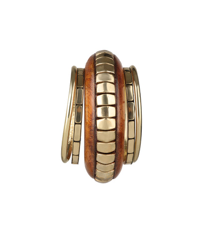 Gold-tone wooden kada with stacked rectangular segments and assorted bangles