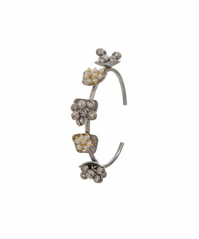 Oxidized silver-tone cuff bracelet with clustered faux pearls and ghungroos
