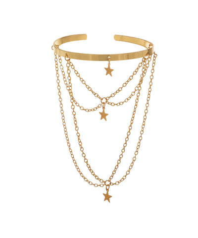 Gold-tone open arm cuff with cascading chains and small star charms