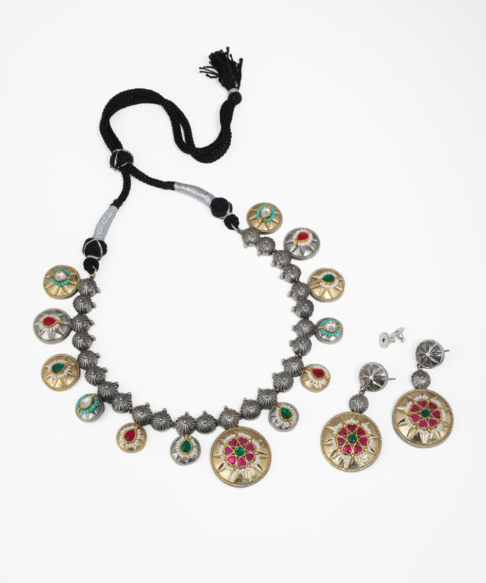 Oxidized silver-tone and gold-tone necklace and earring set with floral motifs and multicolor stones