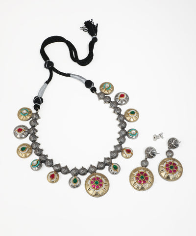 Oxidized silver-tone and gold-tone necklace and earring set with floral motifs and multicolor stones