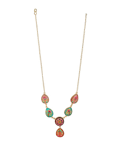 A gold-tone chain necklace featuring five colorful, teardrop-shaped enamel pendants with intricate floral and paisley patterns in pink, green, orange, and yellow, arranged in a V-shape on a plain white background.