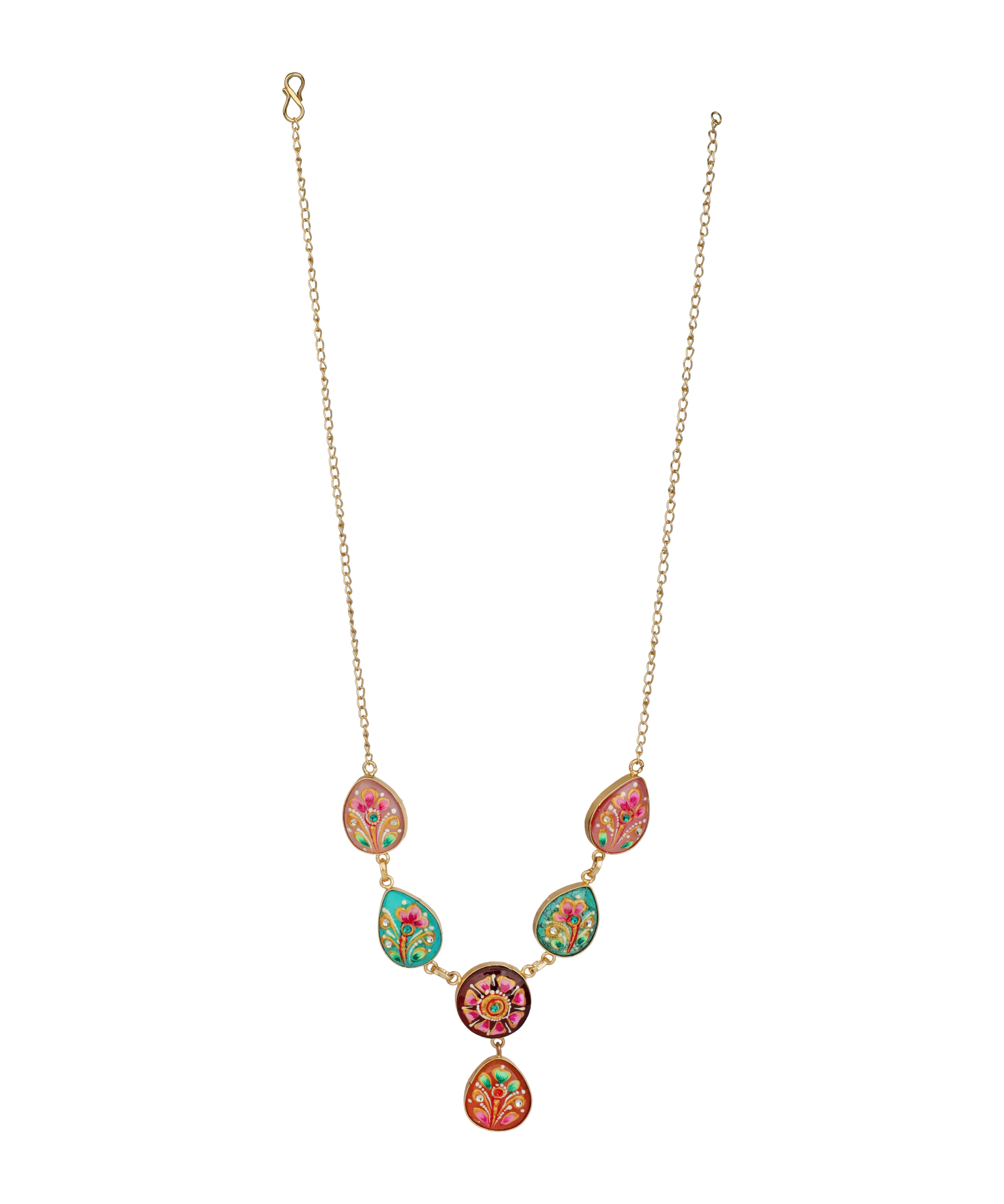 A gold-tone chain necklace featuring five colorful, teardrop-shaped enamel pendants with intricate floral and paisley patterns in pink, green, orange, and yellow, arranged in a V-shape on a plain white background.