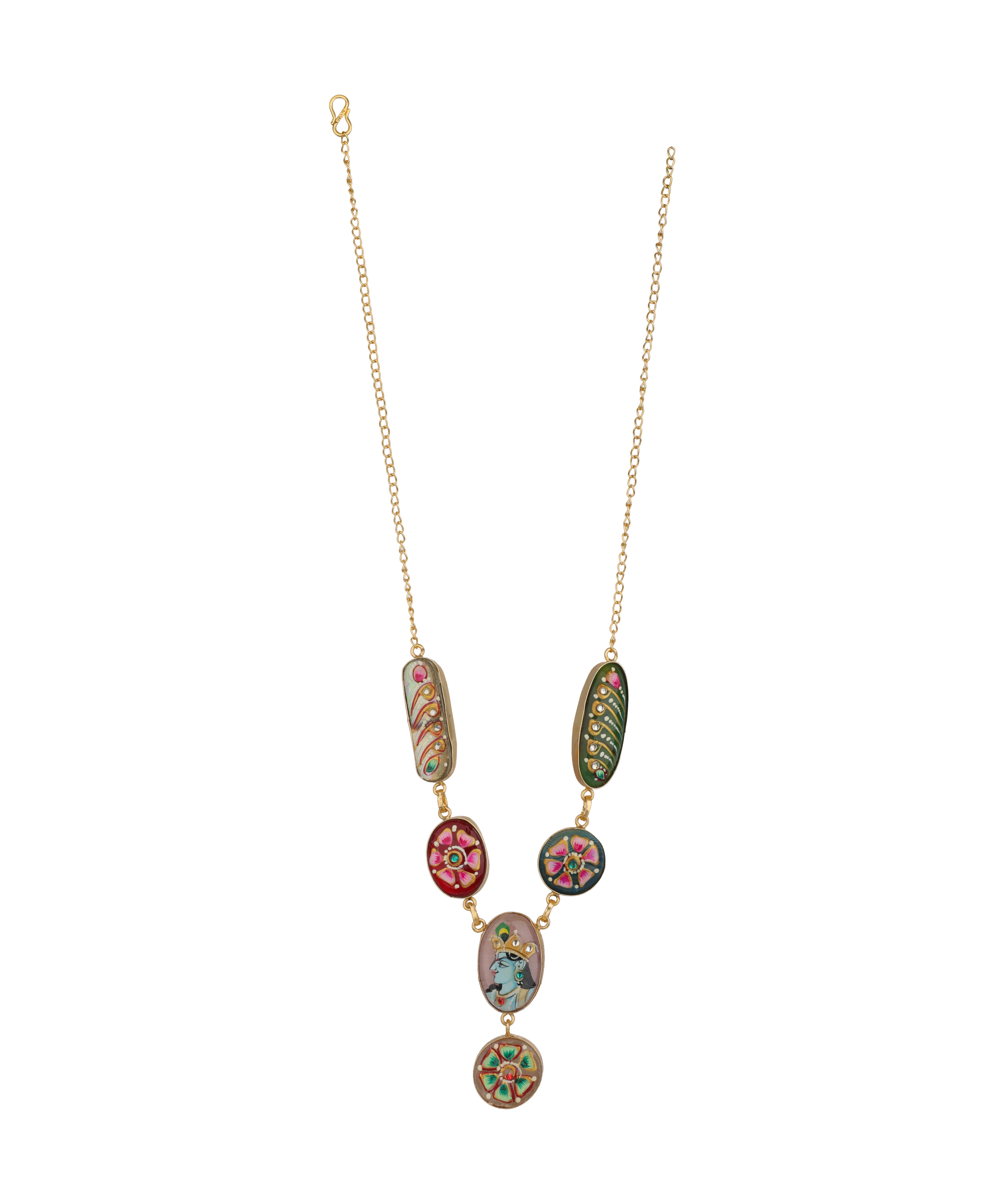 A gold-tone chain necklace featuring a multi-stone pendant arrangement with colorful, patterned cabochons in shades of green, pink, red, and blue, set against a plain white background.