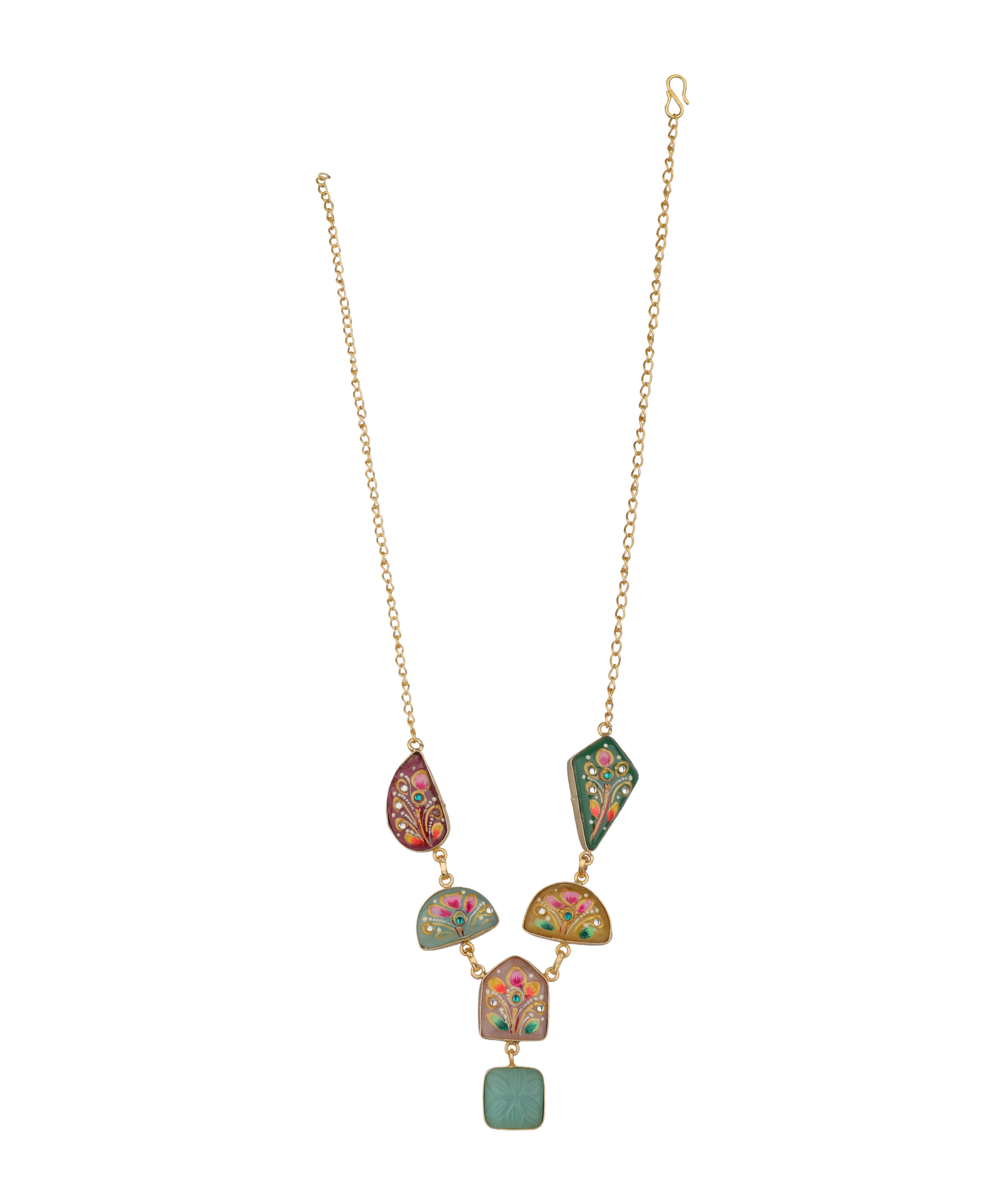 A gold chain necklace featuring a series of colorful, hand-painted enamel geometric charms in shades of green, pink, orange, and yellow, displayed against a solid white background.