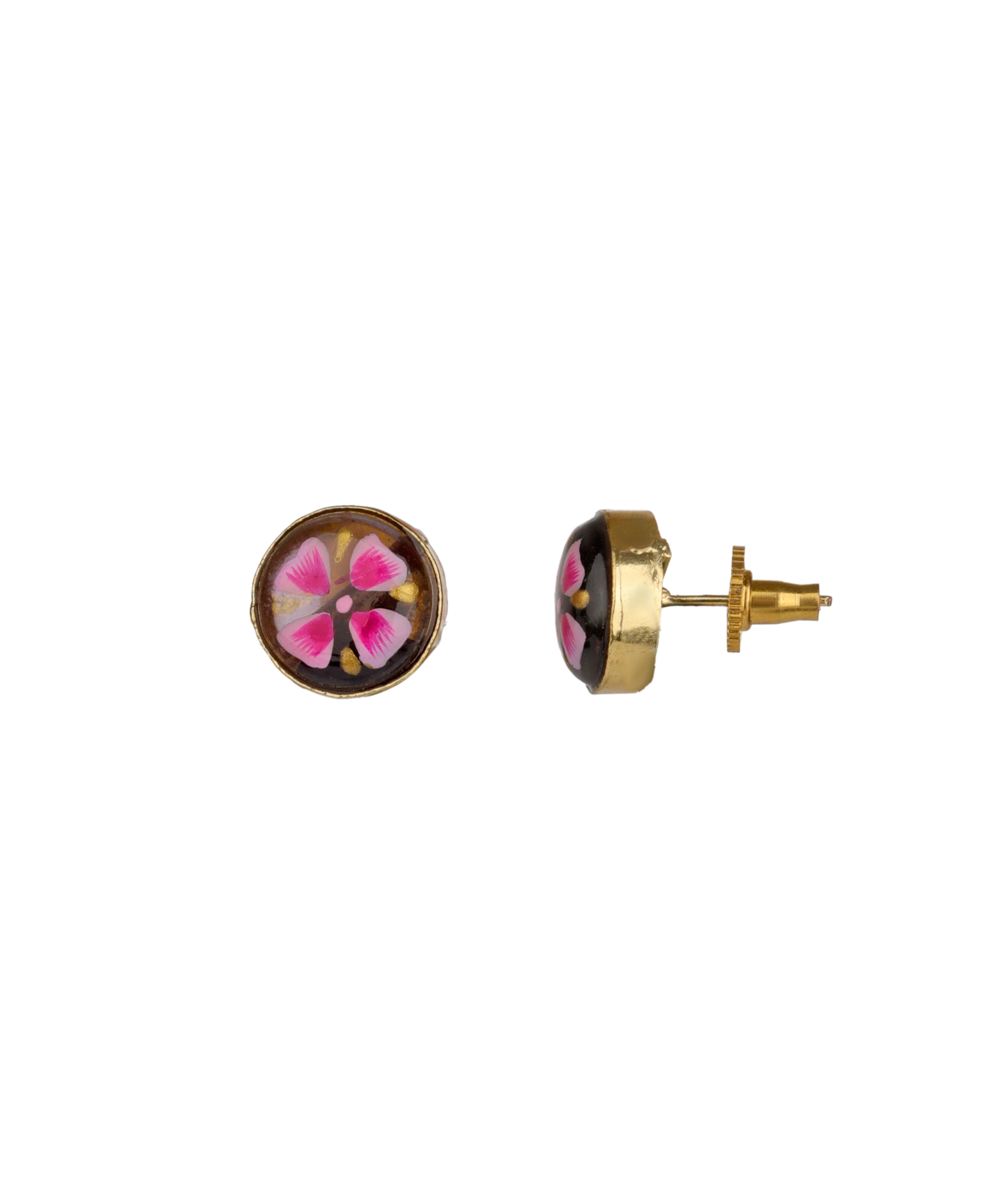A pair of gold stud earrings featuring a circular enamel design with pink and yellow flower petals on a dark background, shown against a plain white background.