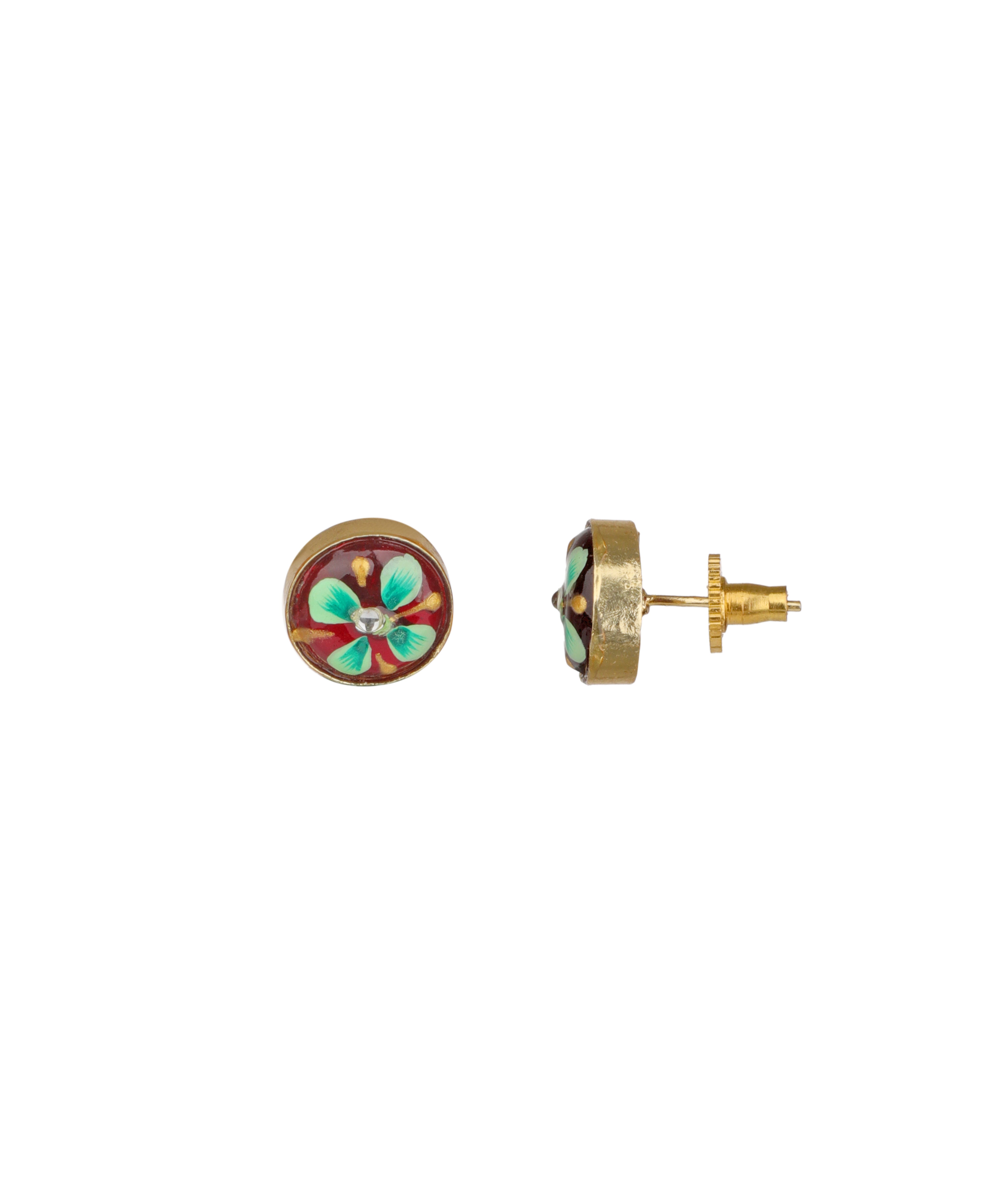 A pair of gold stud earrings with circular floral enamel designs, one shown from the front and the other from the side/back. The front face features a red enamel background with a turquoise and white flower motif, while the side view shows the gold post and backing.