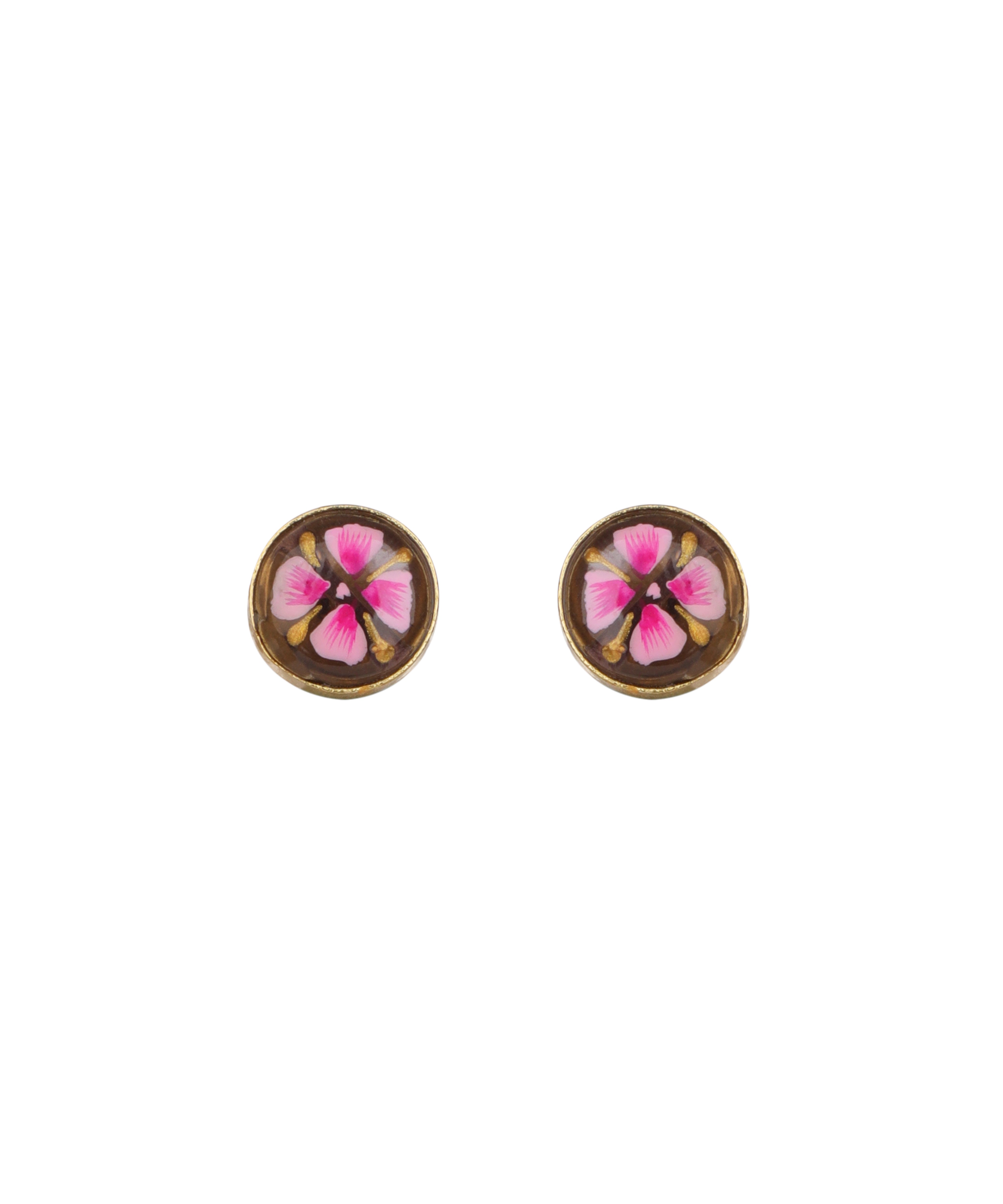 A pair of oval stud earrings with a brown background and a pink flower design, set in a gold-tone metal frame, shown on a plain white background.