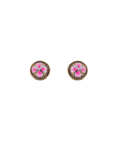 A pair of round stud earrings with a gold-toned bezel setting, featuring a pink and white floral design on a light background.