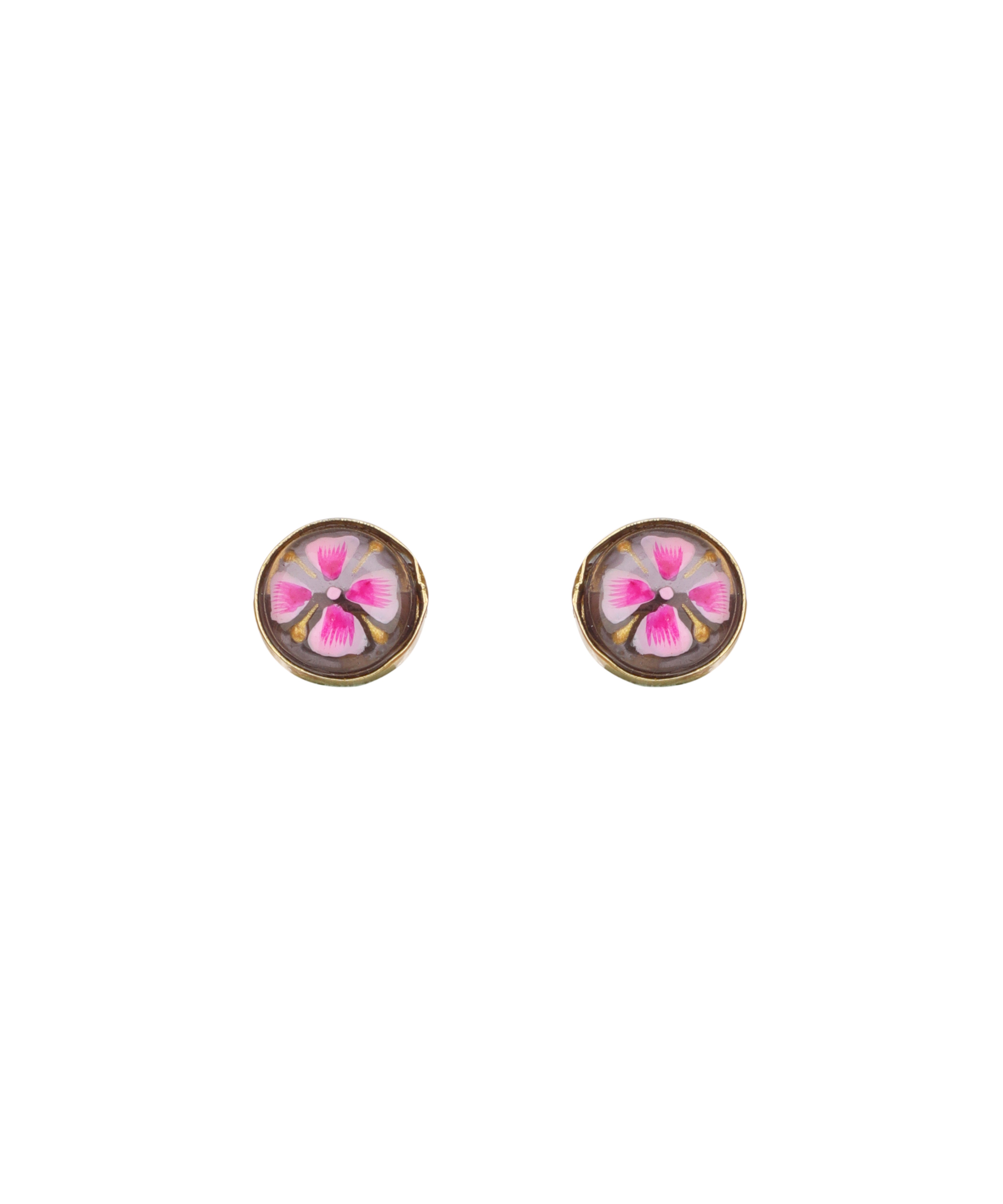 A pair of round stud earrings with a gold-toned bezel setting, featuring a pink and white floral design on a light background.
