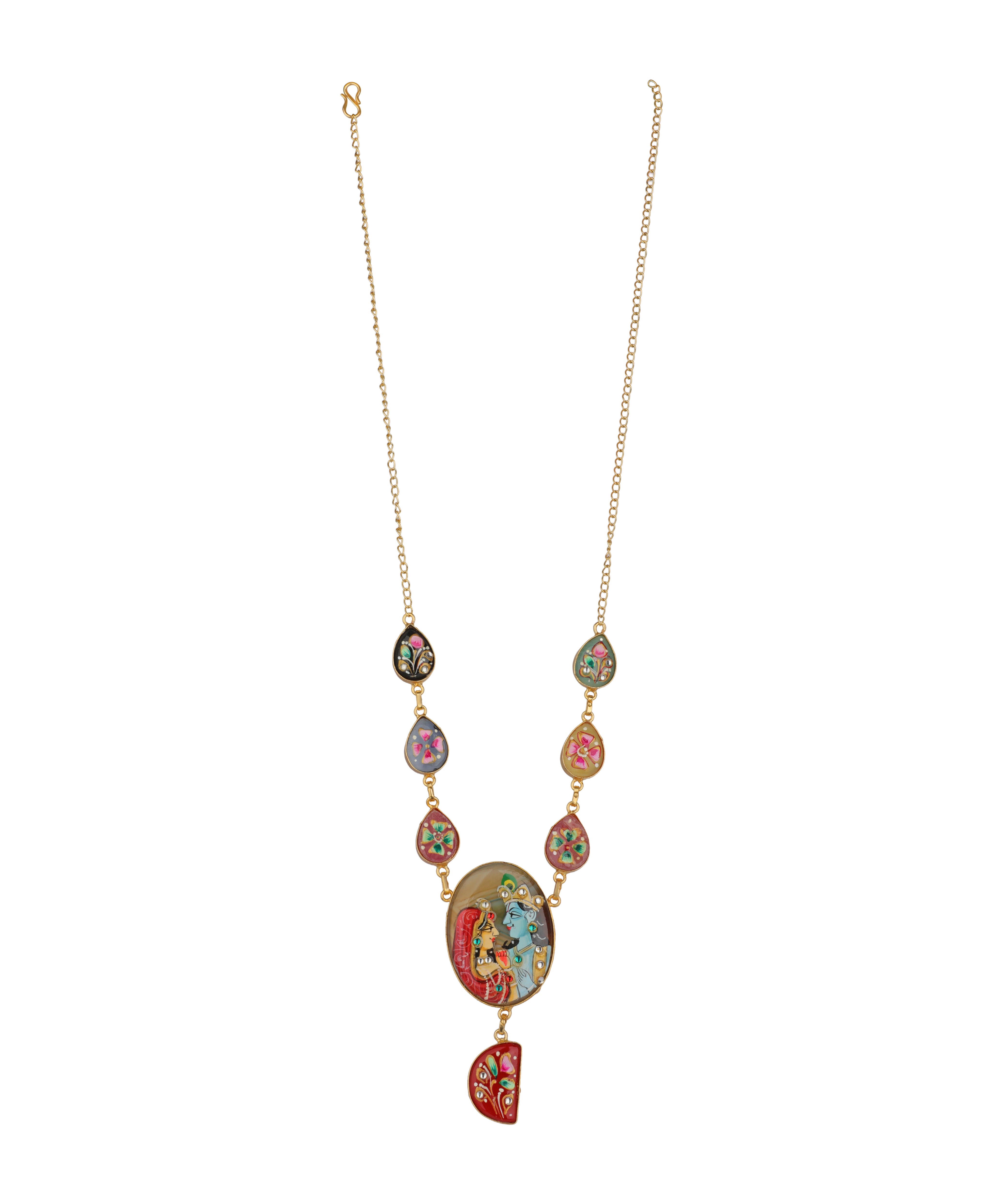 A gold-tone chain necklace featuring a series of colorful, patterned teardrop and oval charms, culminating in a large central oval pendant and a dangling red patterned charm, shown on a plain white background.