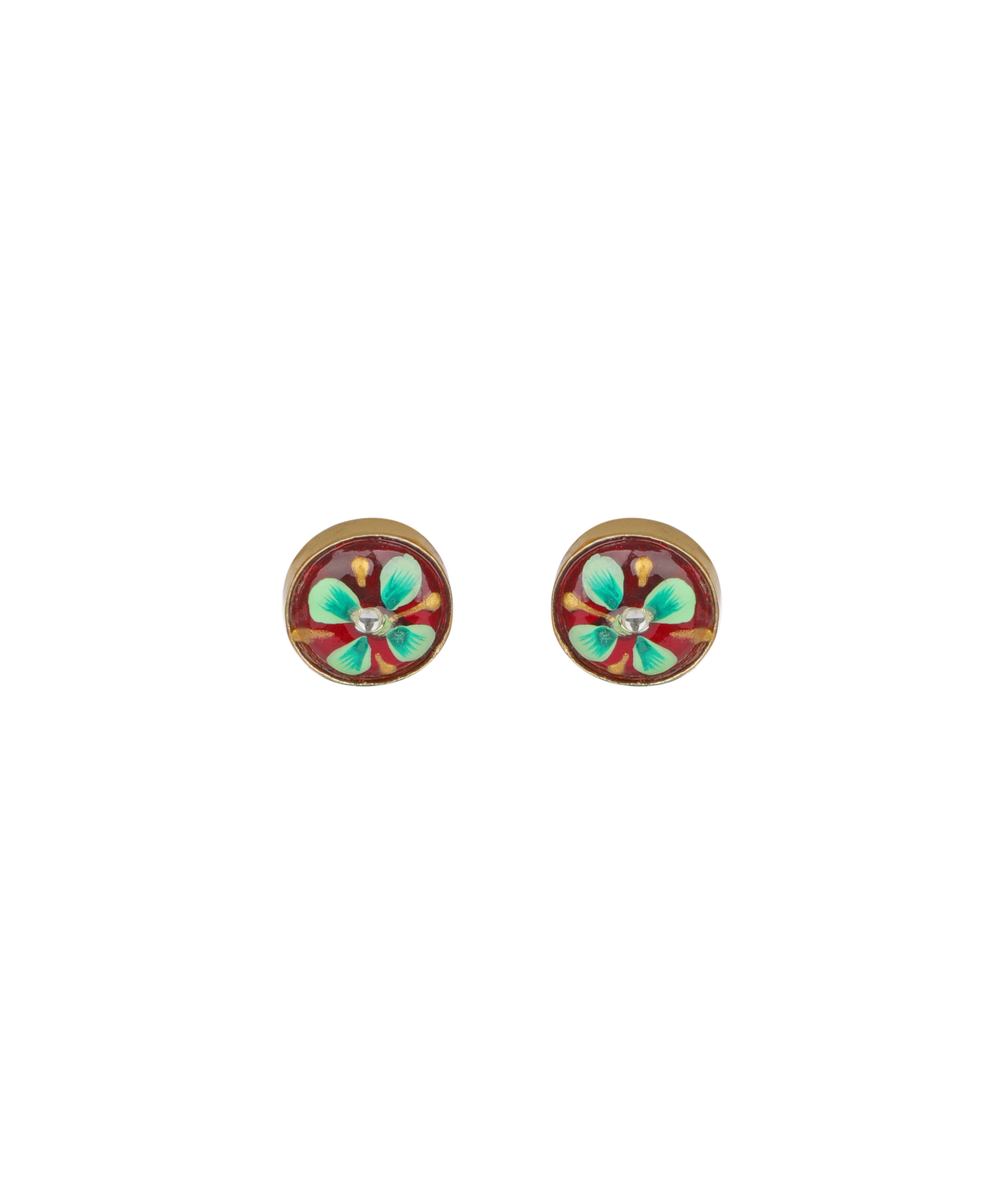 A pair of round stud earrings with a gold-tone metal border and a central floral design featuring turquoise green and red enamel details, set against a plain white background.