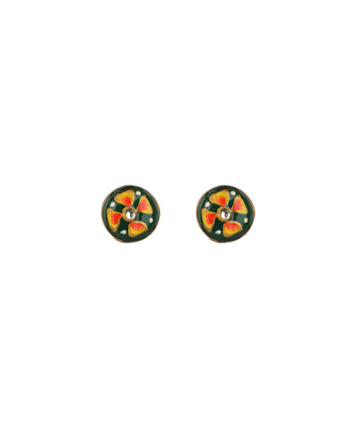 A pair of round, hand-painted Millefiori-style stud earrings on a plain white background.