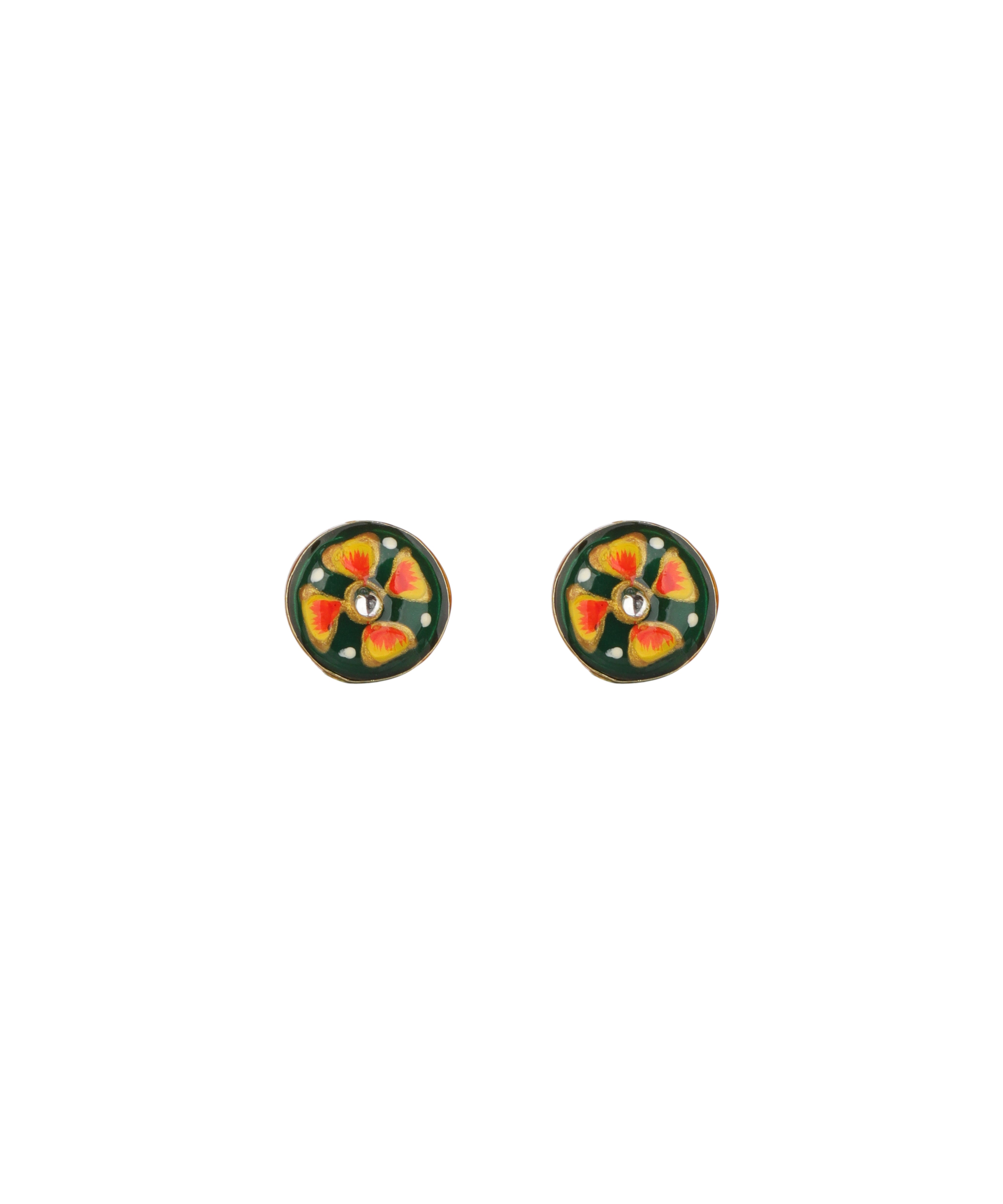 A pair of round, hand-painted Millefiori-style stud earrings on a plain white background.