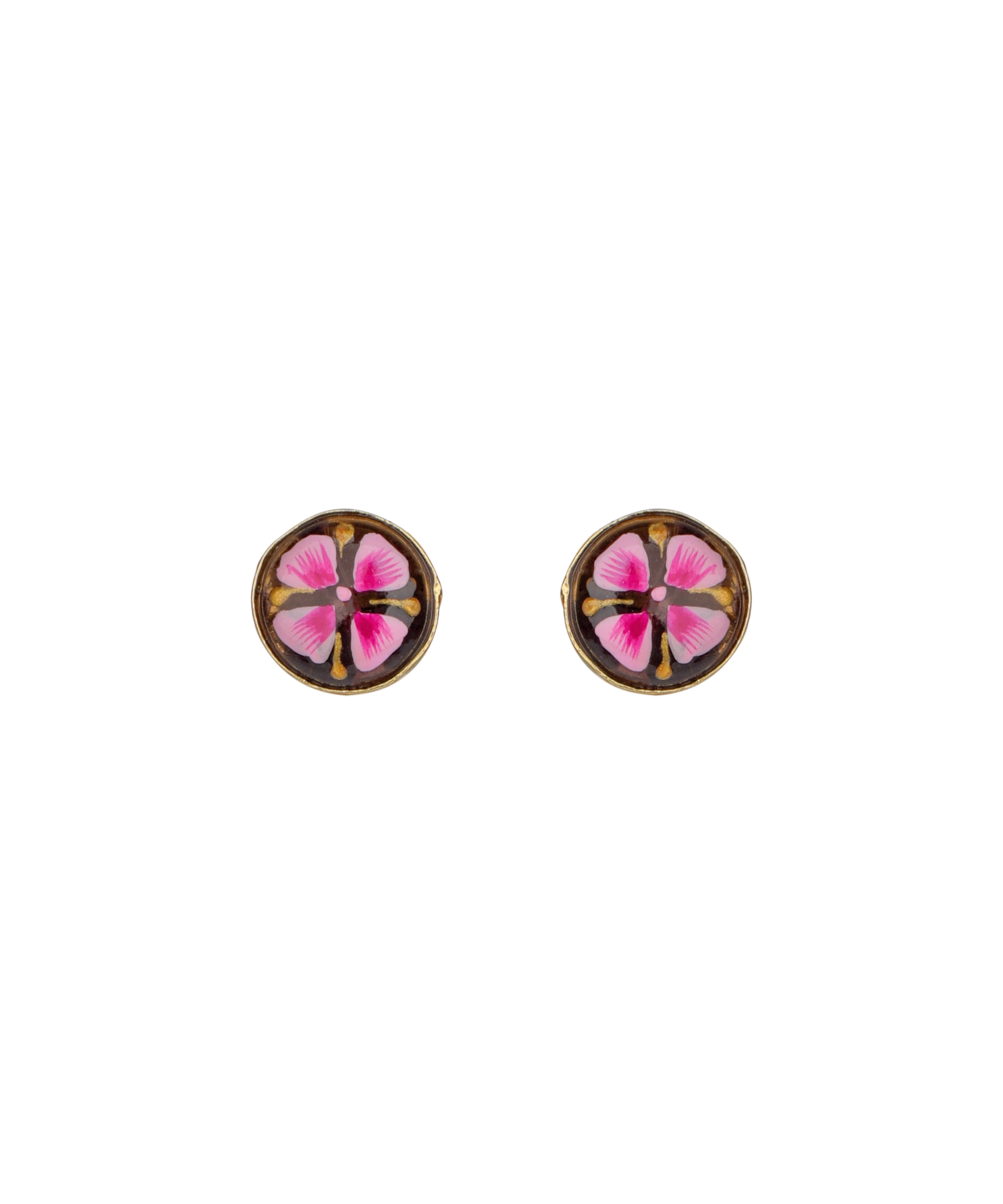 A pair of round stud earrings with pink and magenta floral designs set in a gold-tone metal, shown against a plain white background.