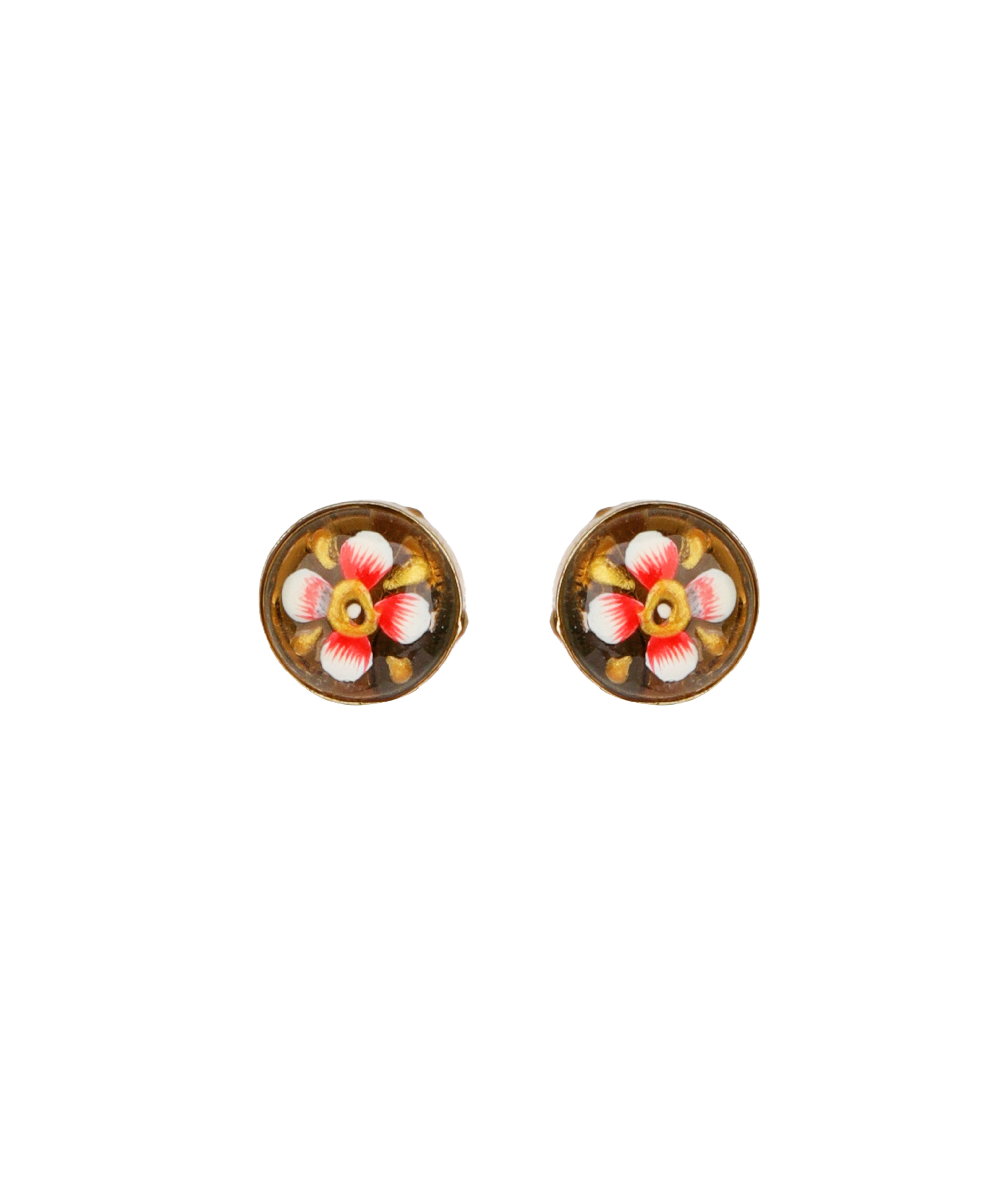 A pair of round stud earrings with hand-painted floral designs in pink, white, and yellow on a dark brown background, set in gold-tone metal.