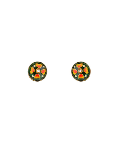 A pair of round gold-tone stud earrings decorated with colorful enamel in green, orange, yellow, and white, set against a plain white background.