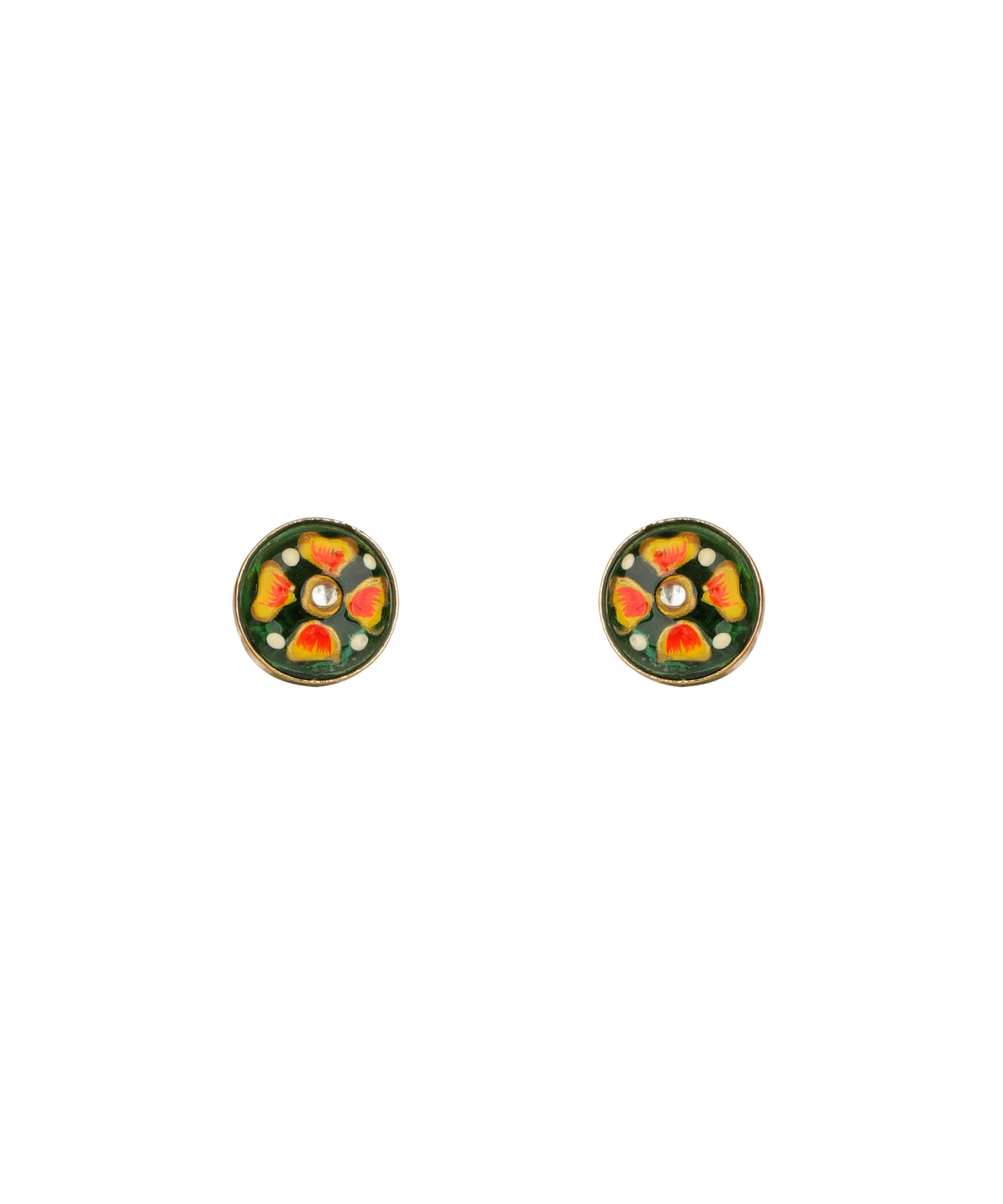 A pair of round gold-tone stud earrings decorated with colorful enamel in green, orange, yellow, and white, set against a plain white background.