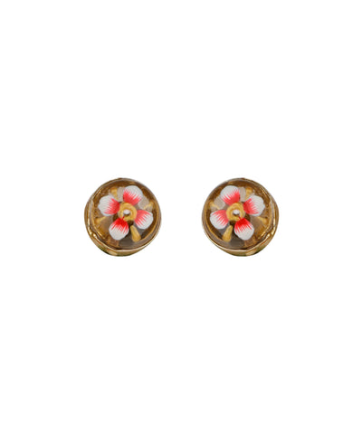 A pair of oval gold-toned stud earrings featuring a delicate hand-painted floral design in pink, red, and white enamel.