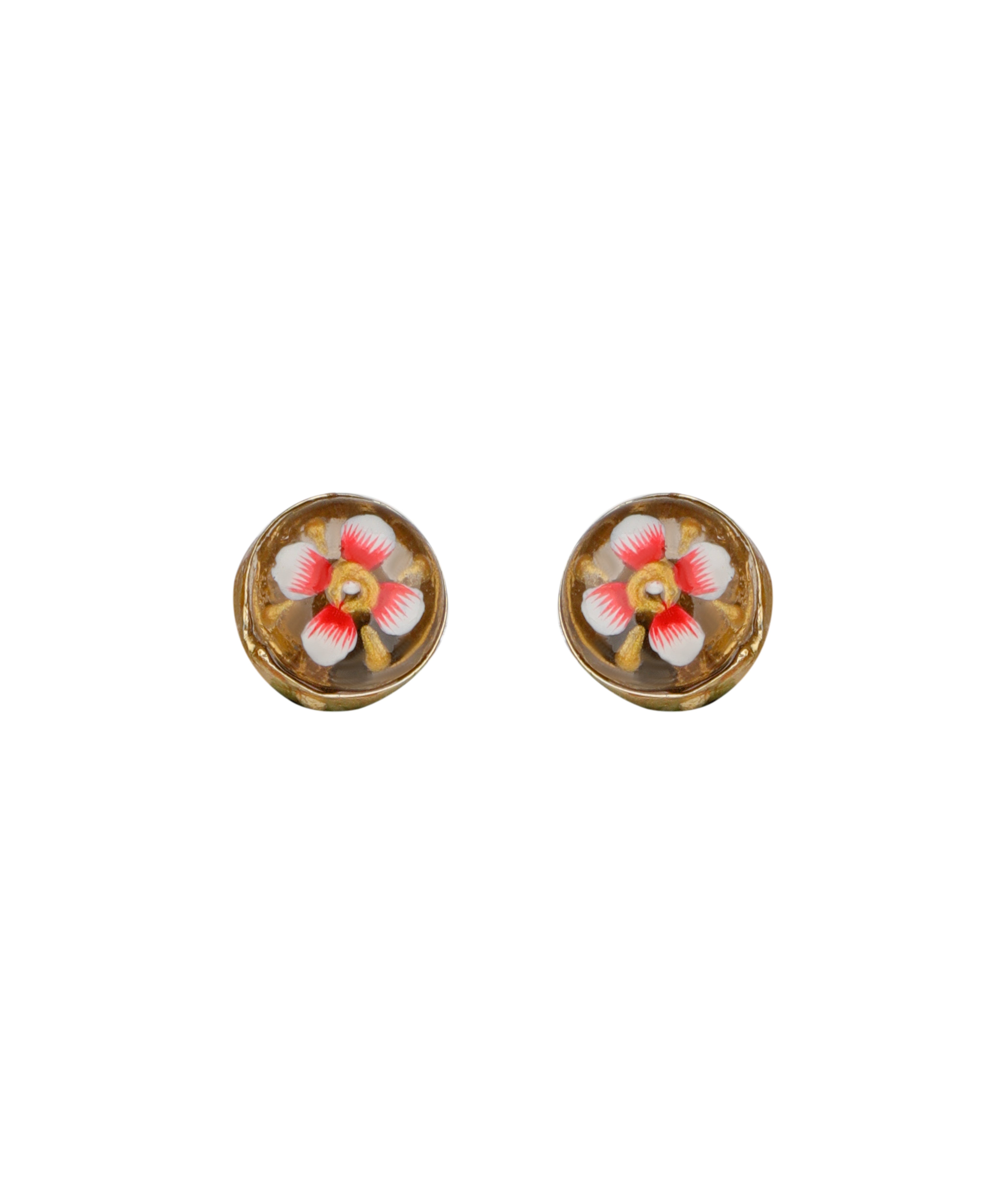 A pair of oval gold-toned stud earrings featuring a delicate hand-painted floral design in pink, red, and white enamel.