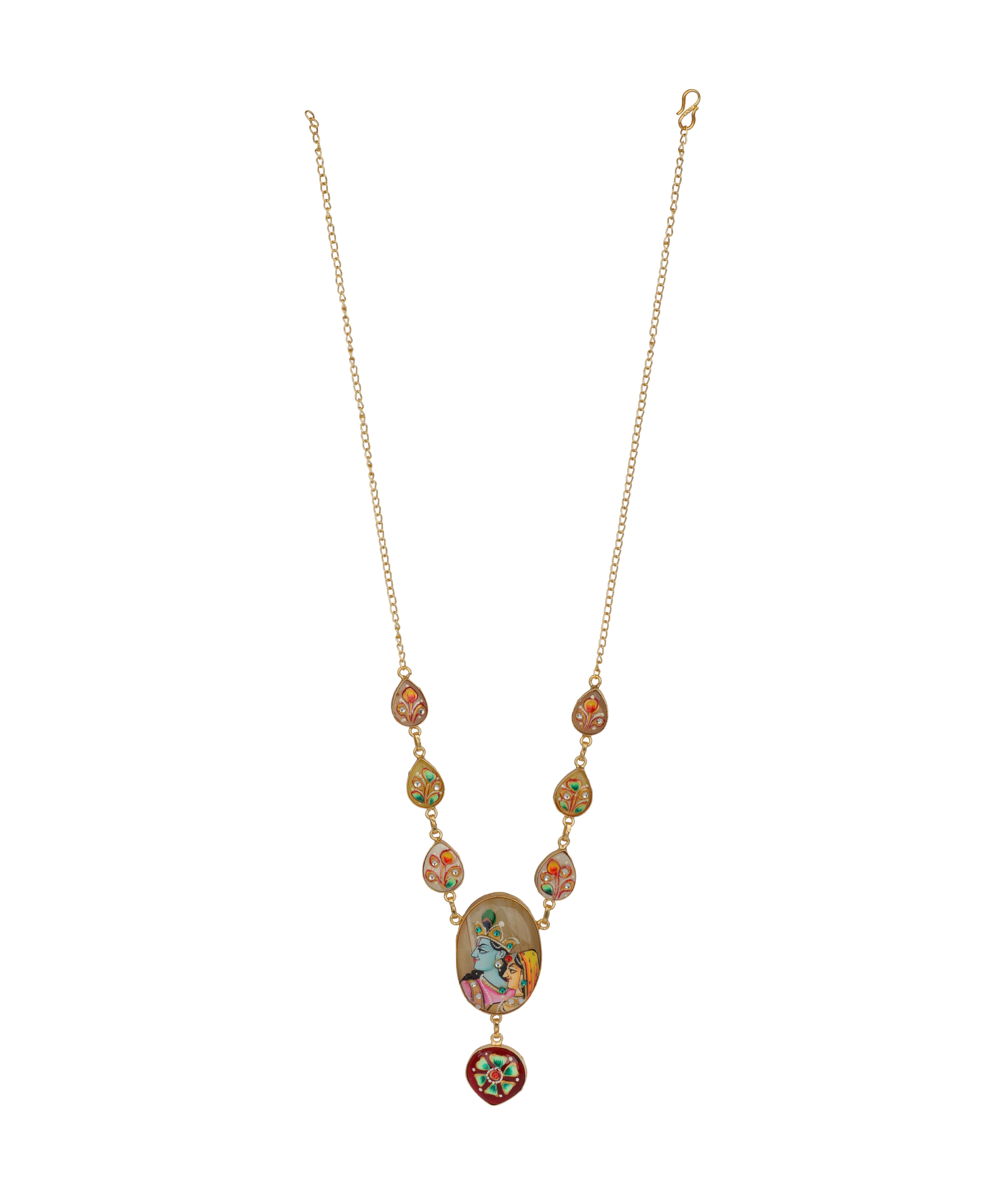 A gold chain necklace featuring a series of colorful, hand-painted glass cabochons and a central oval pendant with a floral illustration, set against a plain white background.