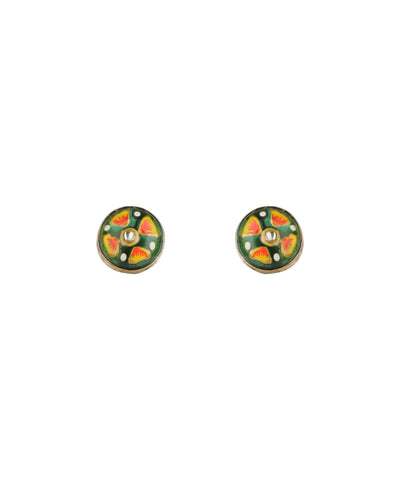 A pair of round enamel stud earrings with a green background and a floral pattern in orange, yellow, and white, set against a plain white background.
