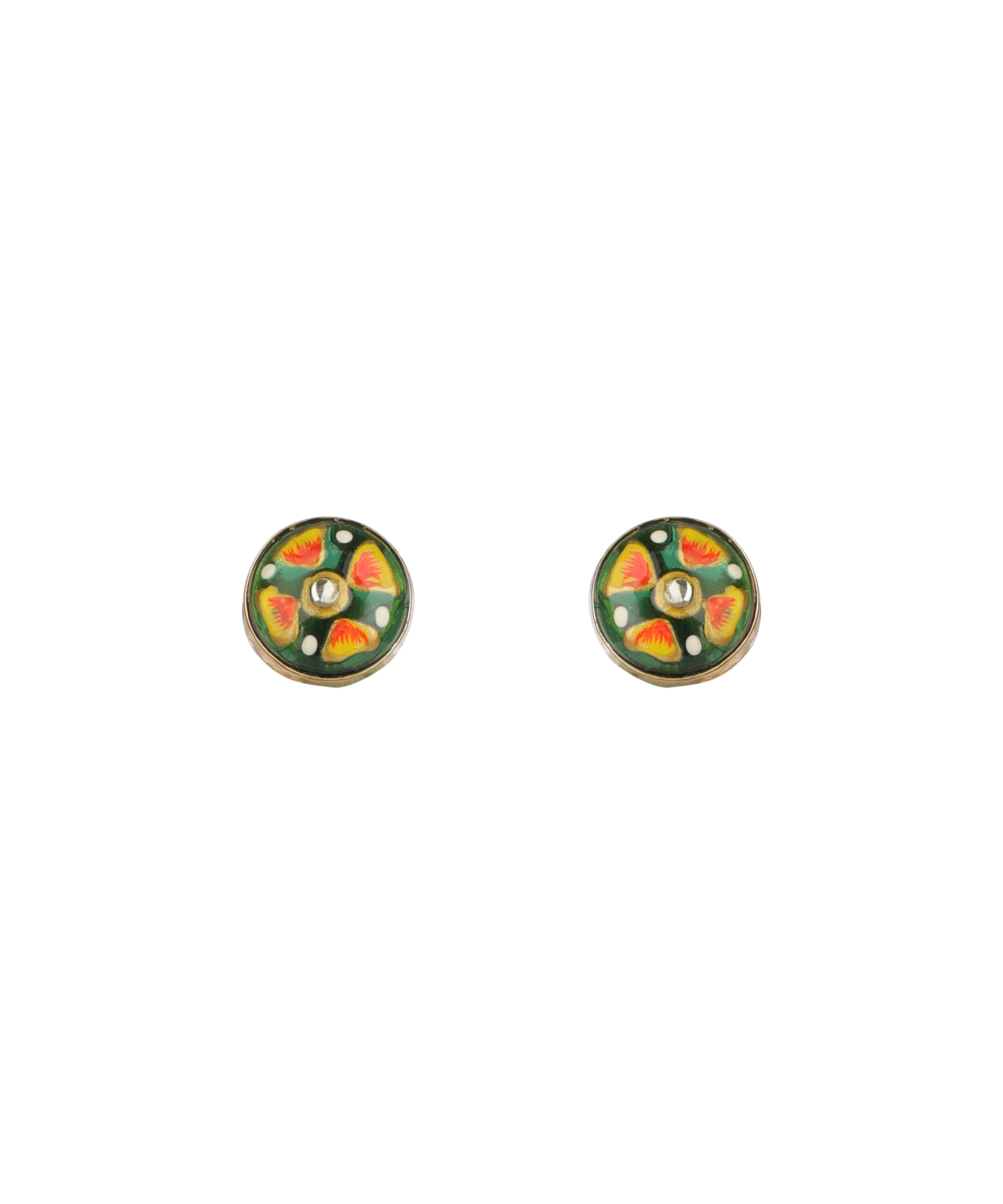 A pair of round enamel stud earrings with a green background and a floral pattern in orange, yellow, and white, set against a plain white background.