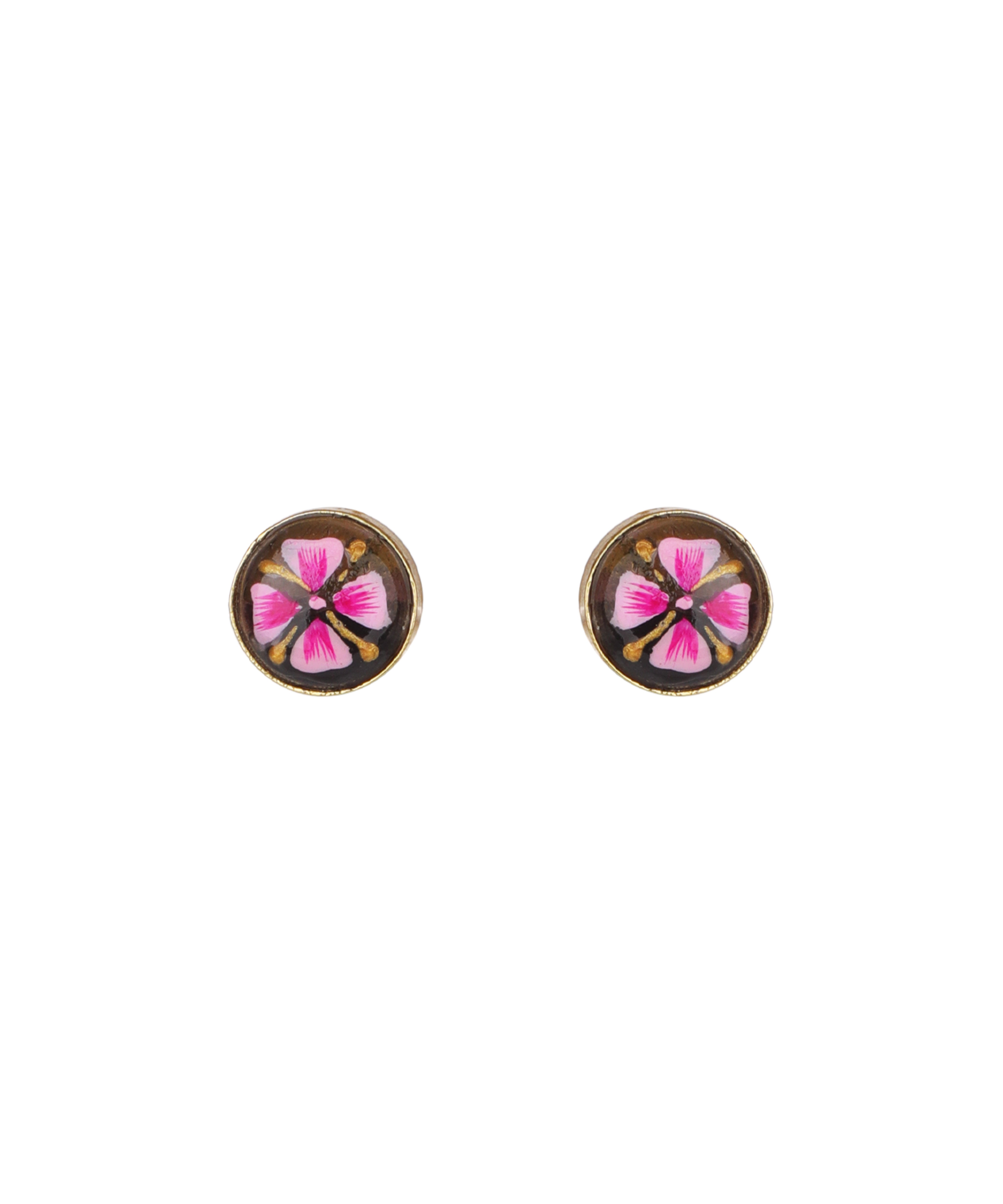 A pair of round stud earrings with a gold-tone border and a central pink flower motif on a dark background, shown on a plain white background.