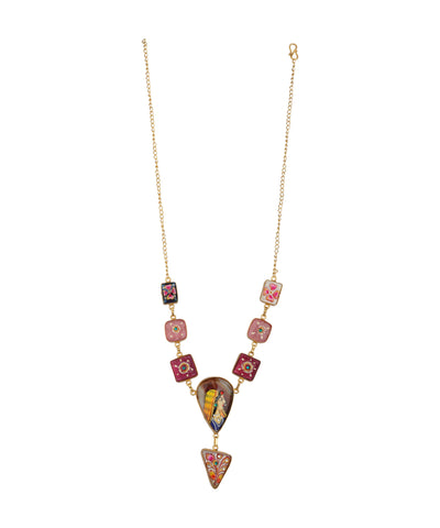 A gold chain necklace featuring a series of colorful, hand-painted glass beads and pendants in pink, red, yellow, and green, displayed against a solid white background.