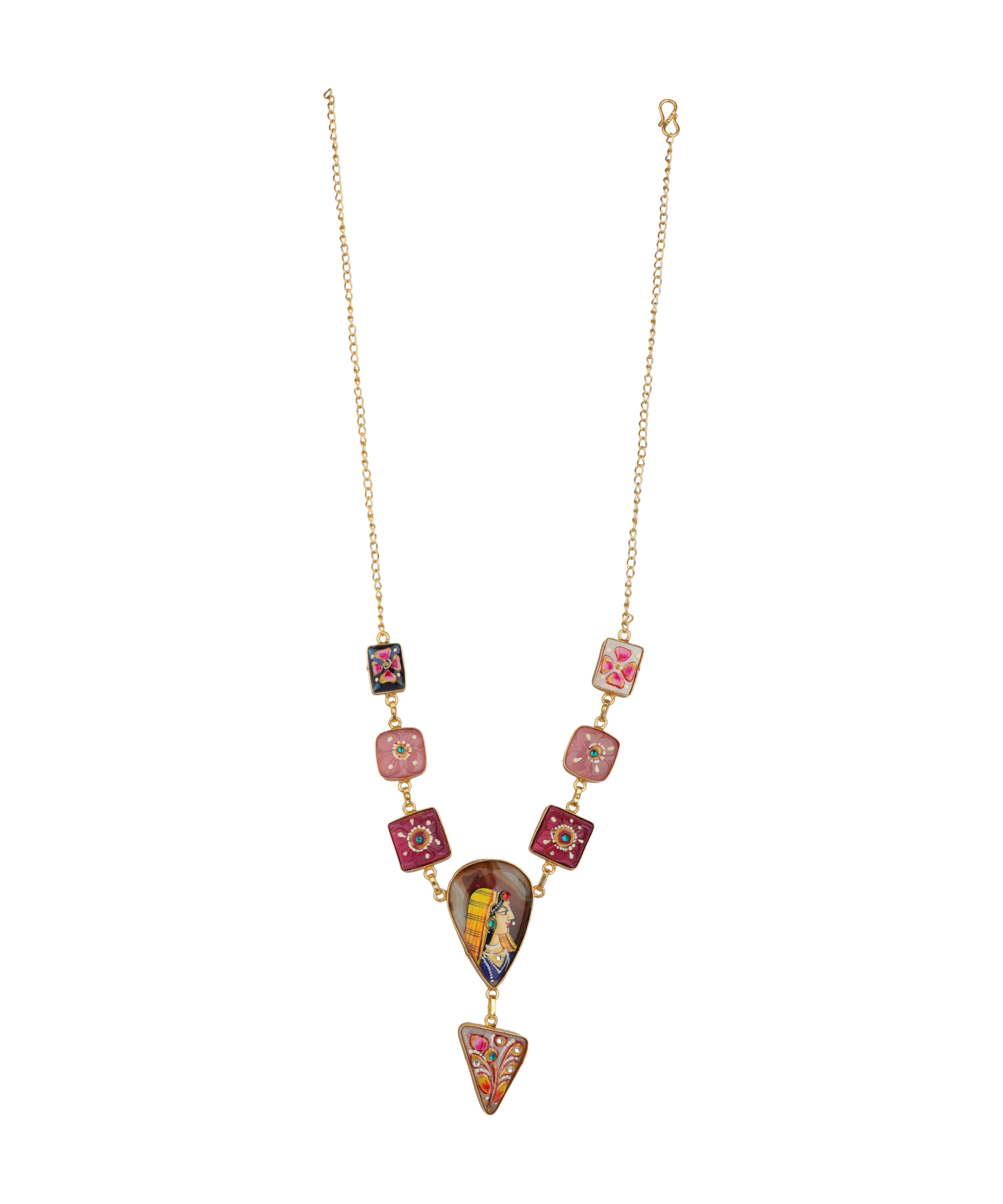 A gold chain necklace featuring a series of colorful, hand-painted glass beads and pendants in pink, red, yellow, and green, displayed against a solid white background.
