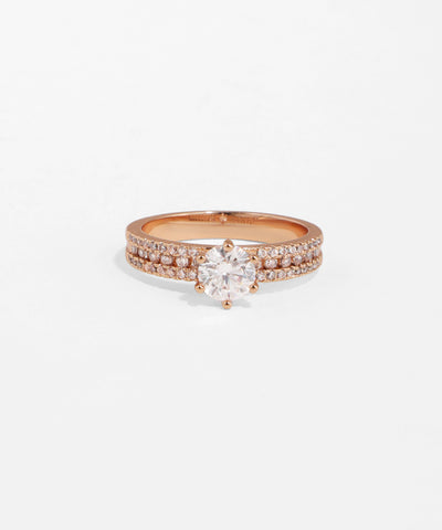Rose gold ring with a diamond on a white background