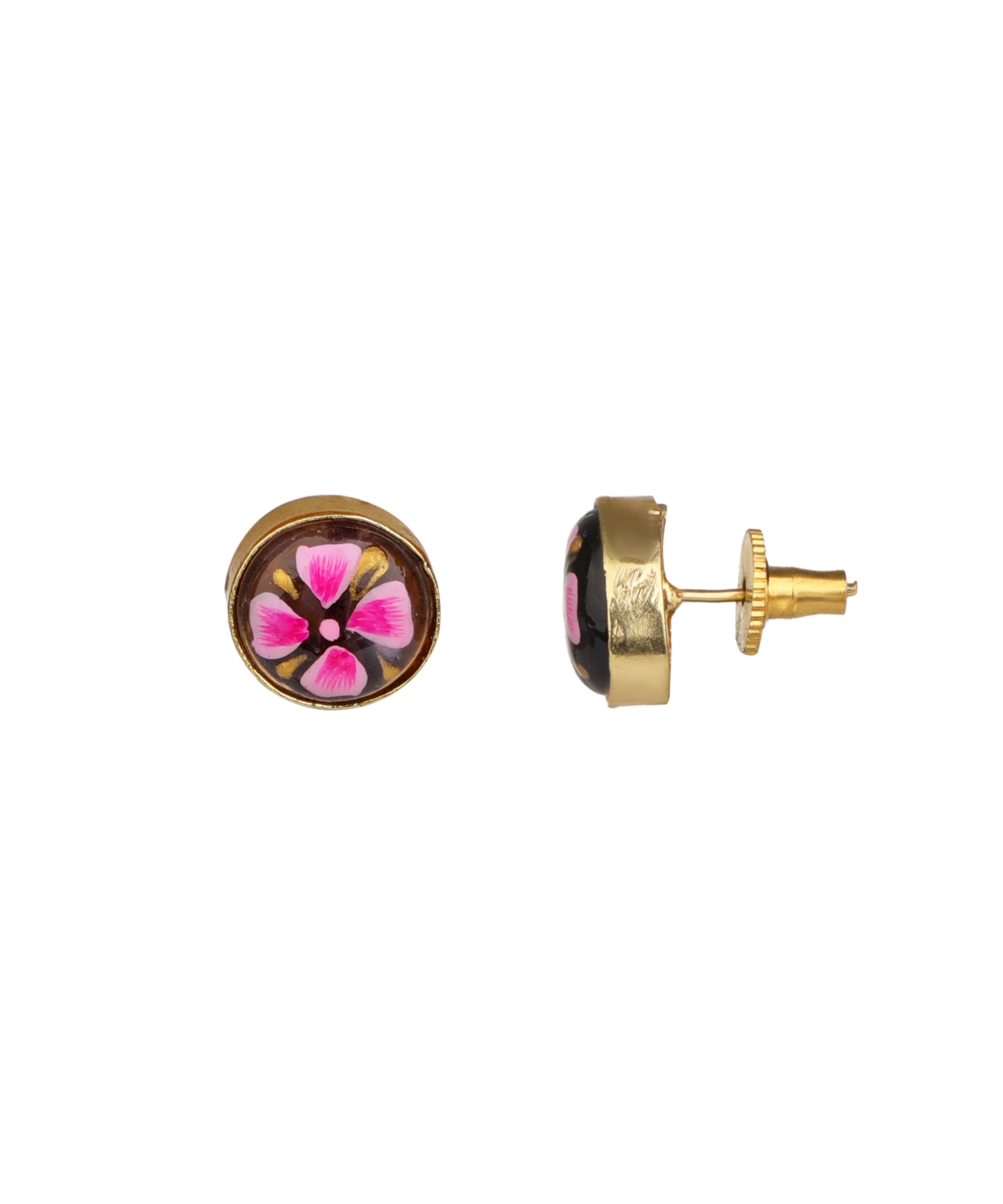 A pair of gold stud earrings featuring a circular face with a pink and black floral design, shown from both front and side angles on a plain white background.