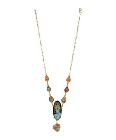 A gold-tone chain necklace featuring a series of colorful, hand-painted glass cabochons and pendants in shades of blue, red, orange, and green, displayed against a solid white background.