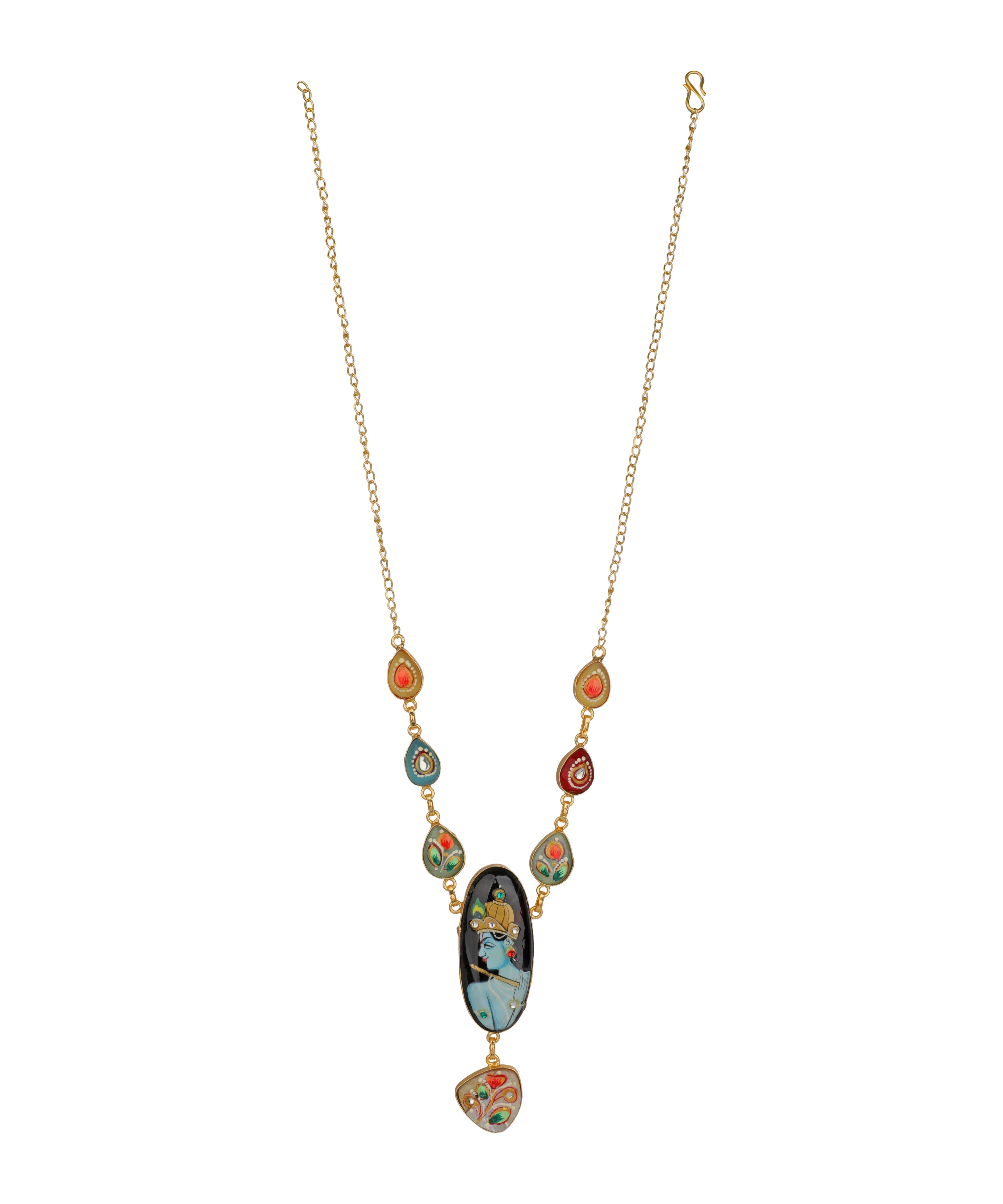 A gold-tone chain necklace featuring a series of colorful, hand-painted glass cabochons and pendants in shades of blue, red, orange, and green, displayed against a solid white background.