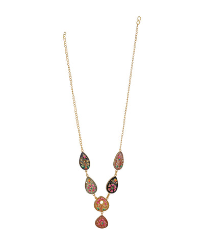 A gold-tone chain necklace featuring a series of colorful, teardrop-shaped pendant charms with intricate floral patterns in pink, green, and orange, set against a plain white background.